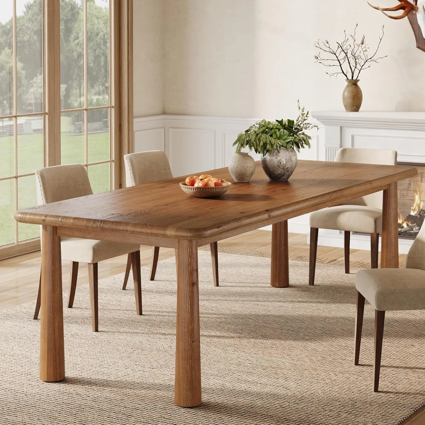 63" Rectangular Dining Table, Solid Wood Kitchen Table for 4 to 6 People