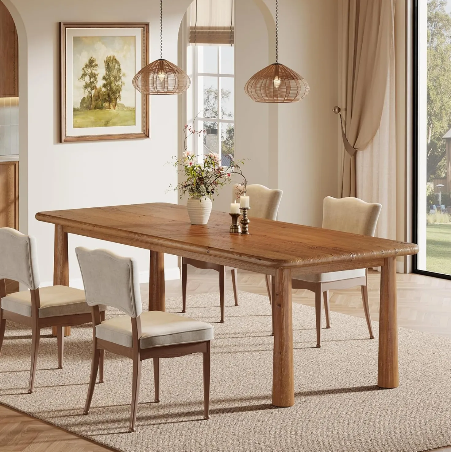 63" Rectangular Dining Table, Solid Wood Kitchen Table for 4 to 6 People