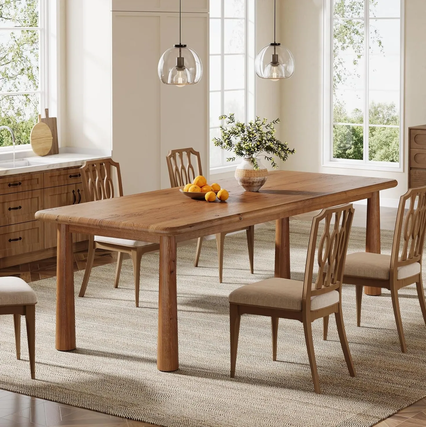 63" Rectangular Dining Table, Solid Wood Kitchen Table for 4 to 6 People