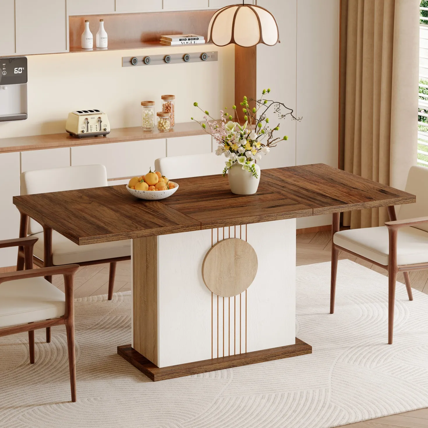 55" Rectangular Dining Table for 4–6 People, Farmhouse Wood Kitchen Table