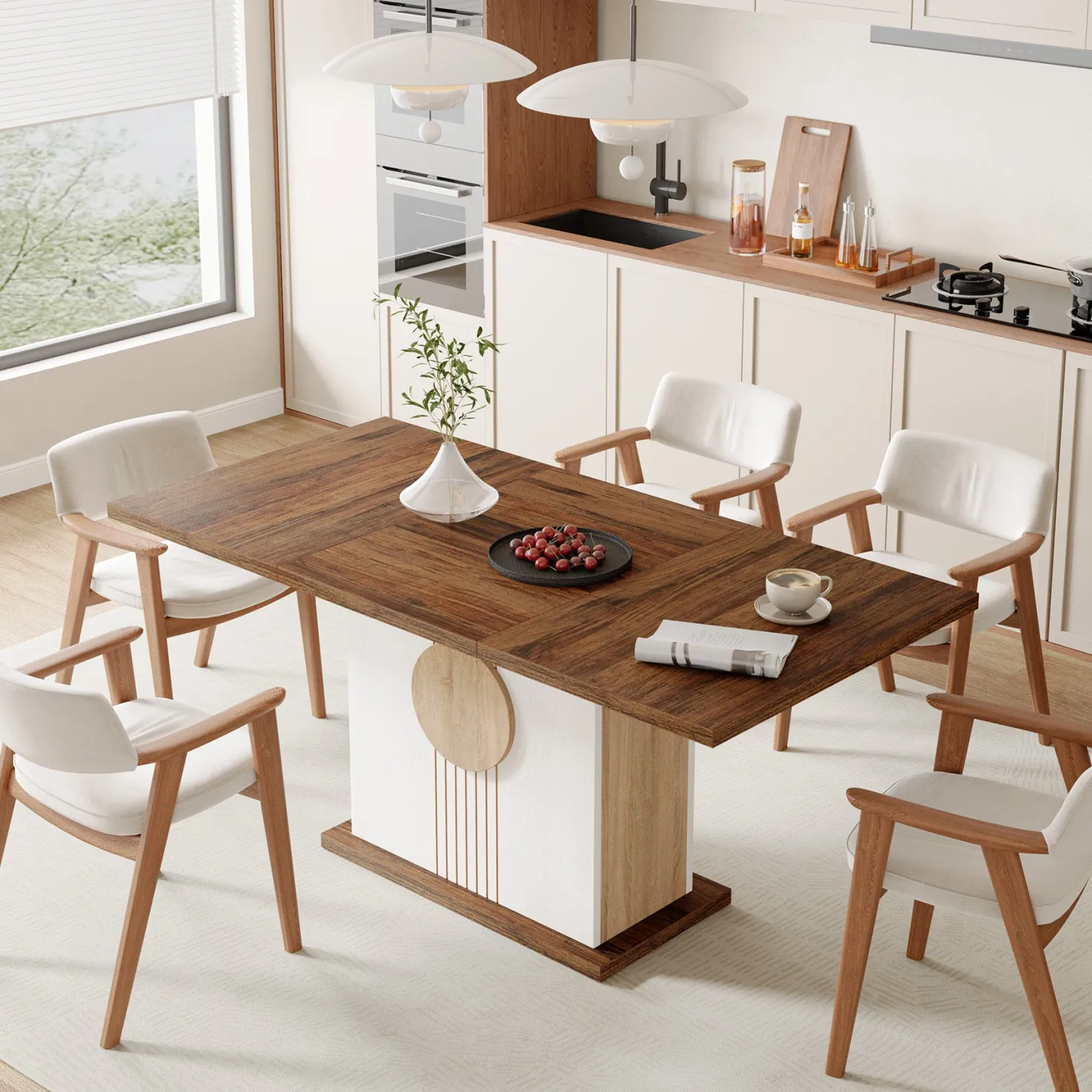 55" Rectangular Dining Table for 4–6 People, Farmhouse Wood Kitchen Table