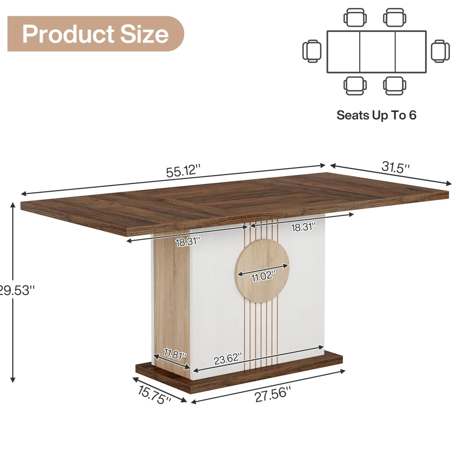 55" Rectangular Dining Table for 4–6 People, Farmhouse Wood Kitchen Table