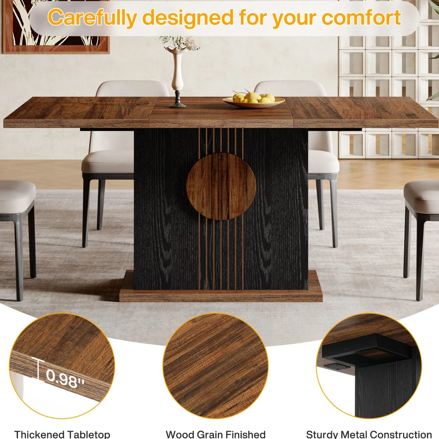 55" Rectangular Dining Table for 4–6 People, Farmhouse Wood Kitchen Table