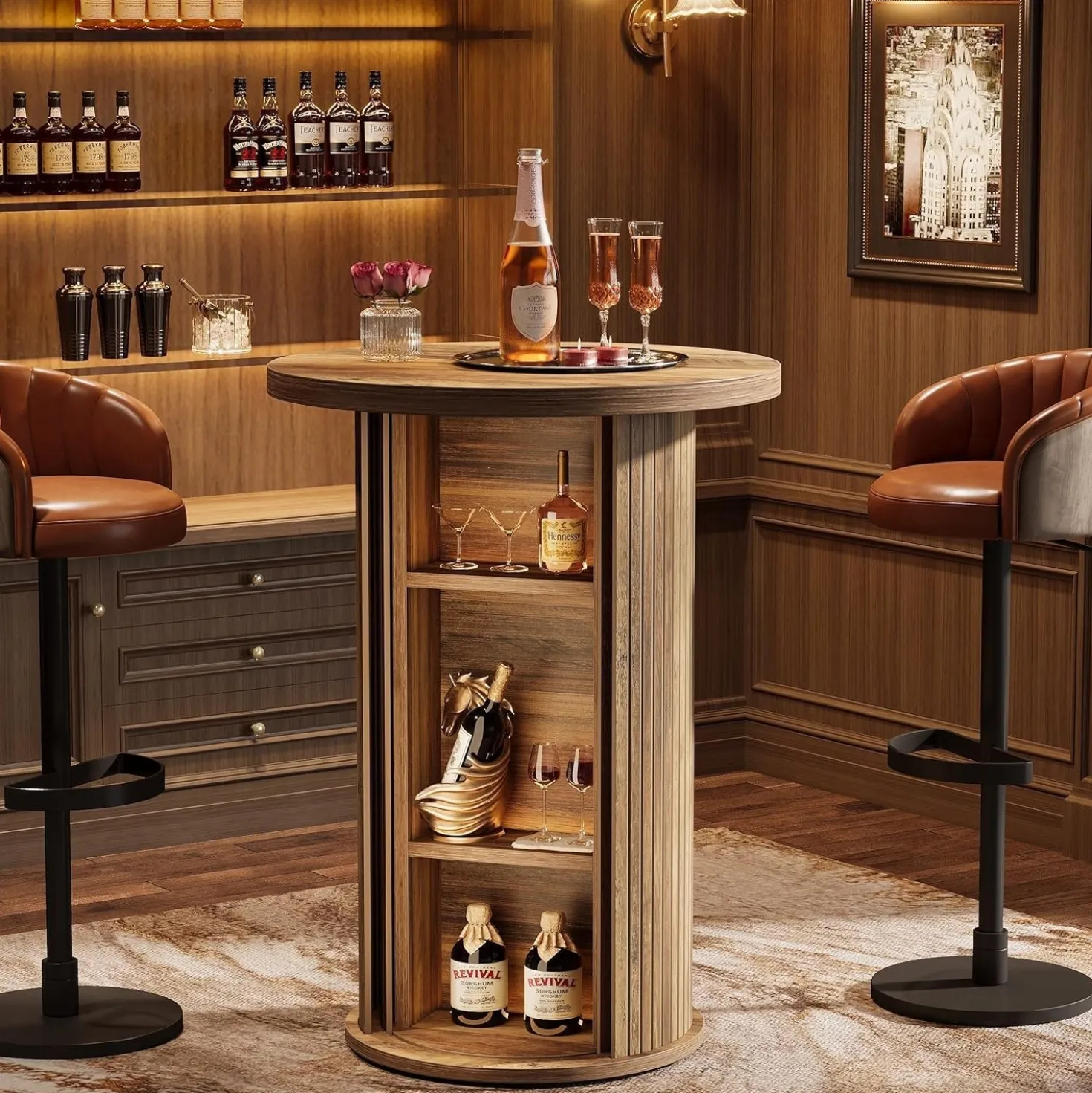 35.4" Round Bar Table, High Top Pub Table with 3-Tier Hidden Storage Shelves