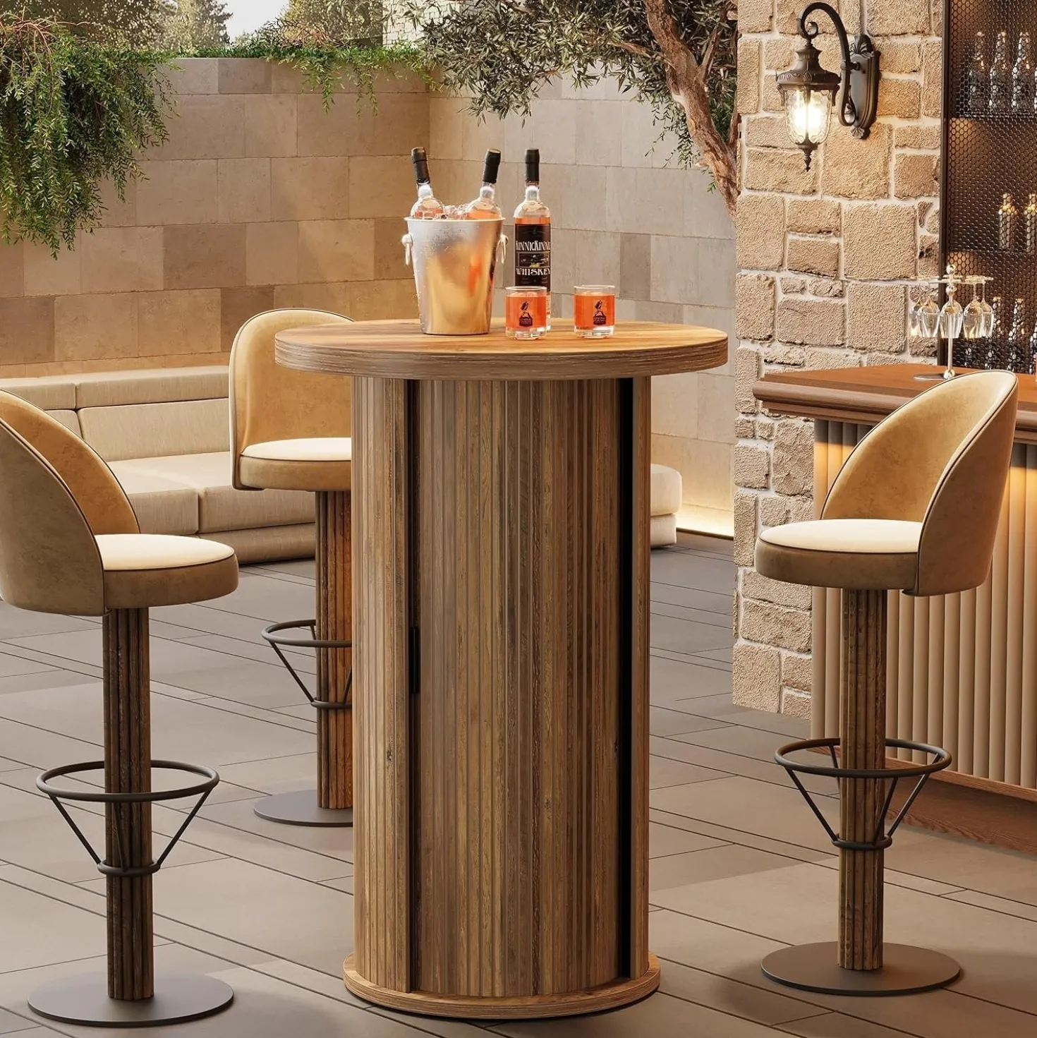 35.4" Round Bar Table, High Top Pub Table with 3-Tier Hidden Storage Shelves