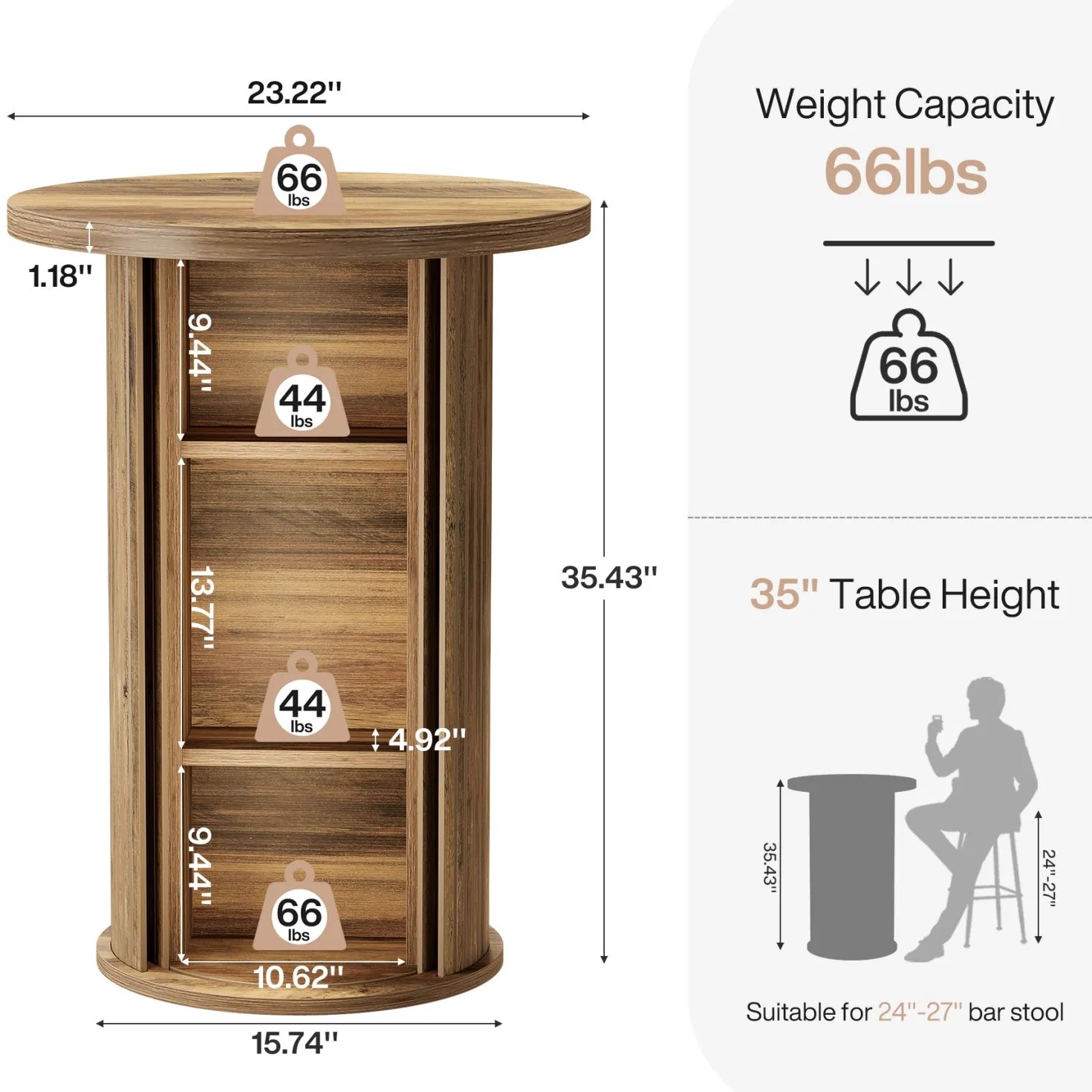 35.4" Round Bar Table, High Top Pub Table with 3-Tier Hidden Storage Shelves