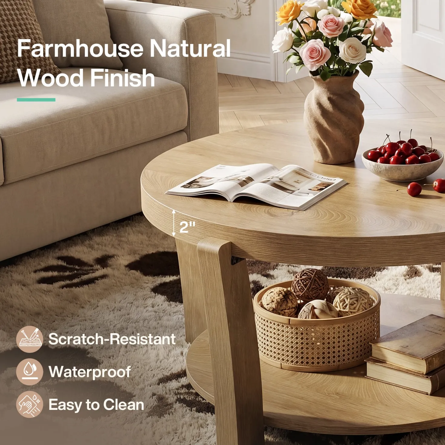 31.5" Round Coffee Table, Farmhouse Center Table with Storage, Easy Assembly
