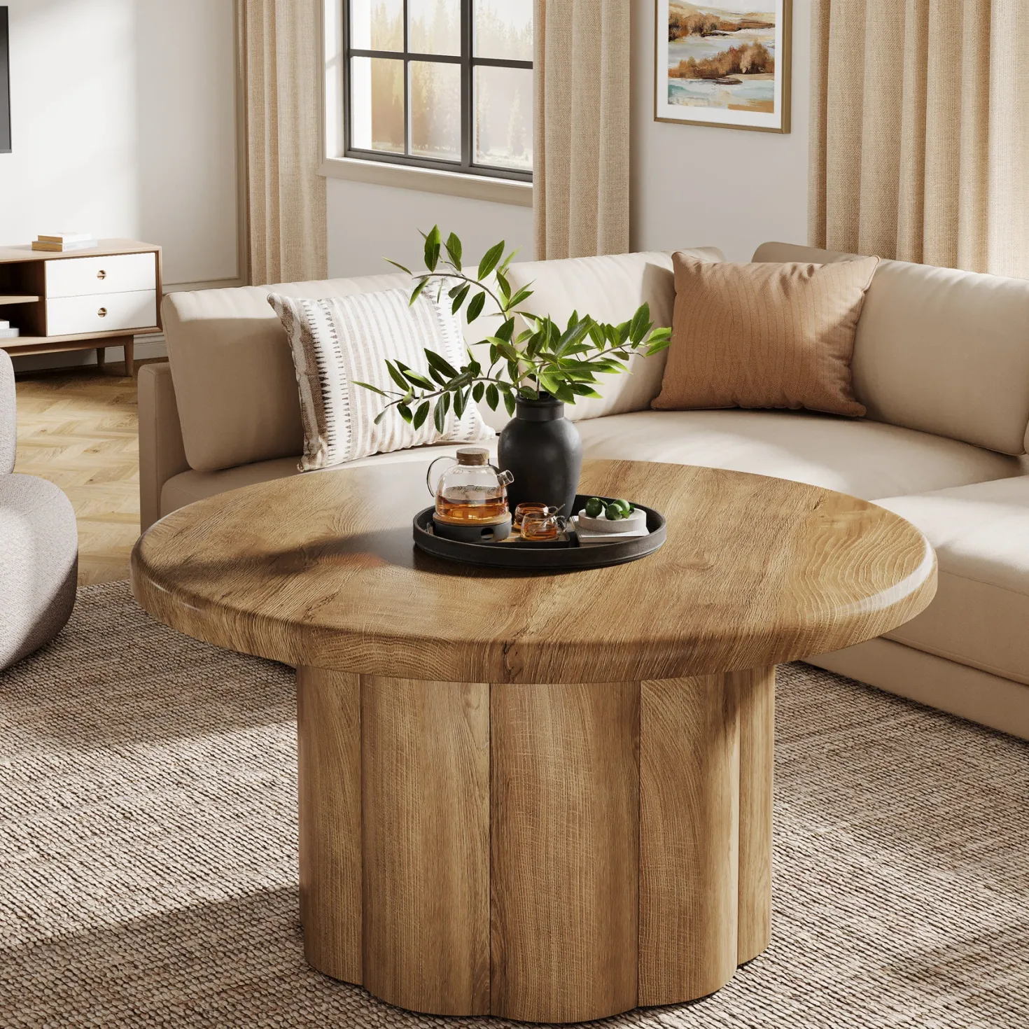 31.5" Round Coffee Table, Farmhouse Center Table with Fluted Drum Base