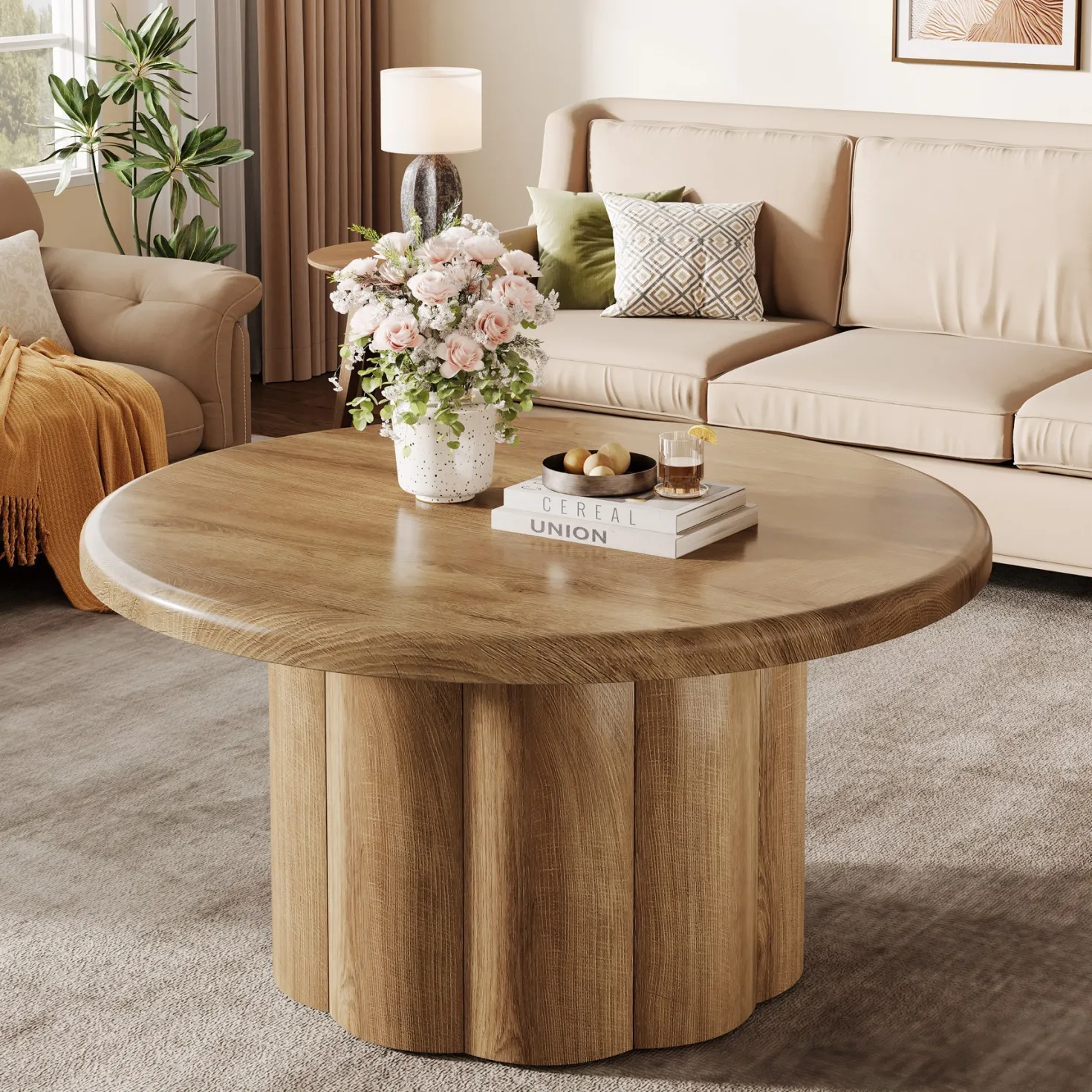 31.5" Round Coffee Table, Farmhouse Center Table with Fluted Drum Base