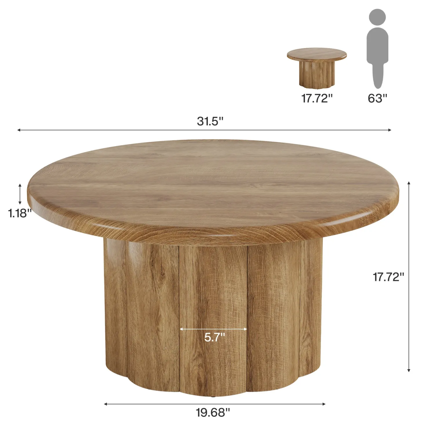 31.5" Round Coffee Table, Farmhouse Center Table with Fluted Drum Base