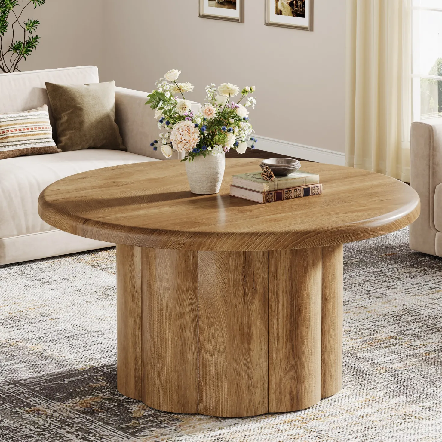 31.5" Round Coffee Table, Farmhouse Center Table with Fluted Drum Base