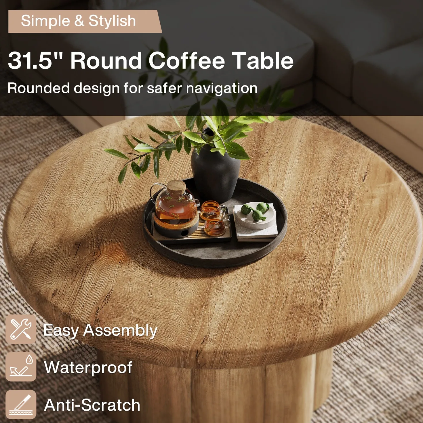 31.5" Round Coffee Table, Farmhouse Center Table with Fluted Drum Base