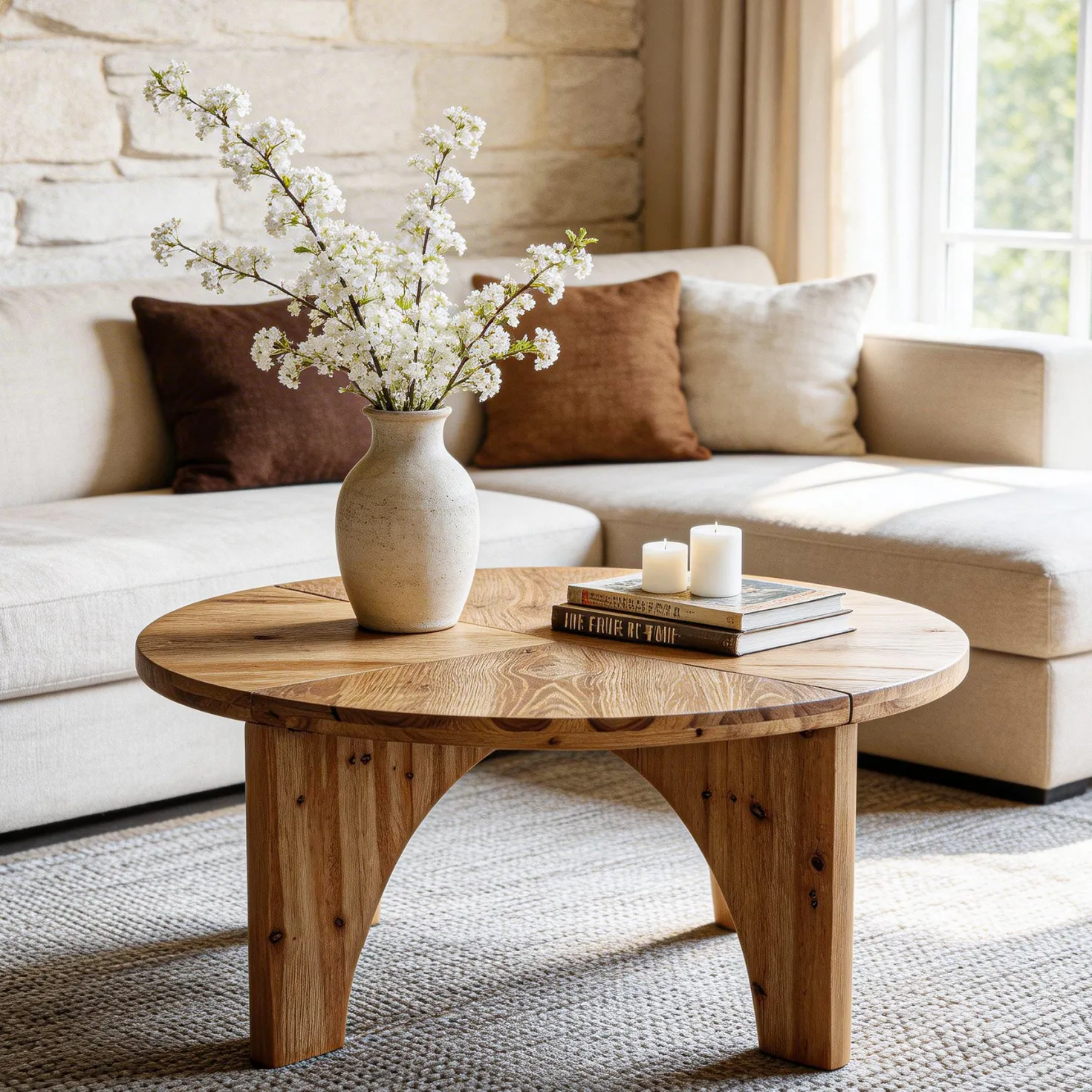 31.5" Round Coffee Table, Farmhouse Solid Wood Center Table with Curved Legs