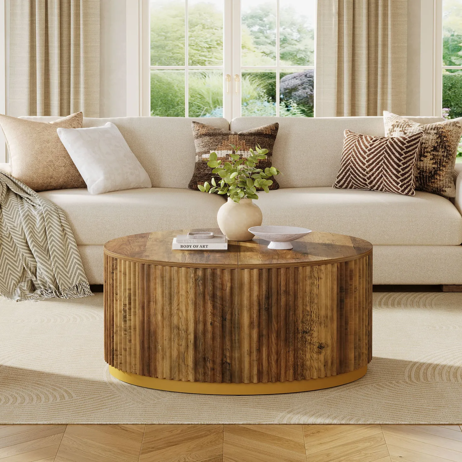 31.5" Round Coffee Table, Fluted Wooden Center Table with Sturdy Drum Base