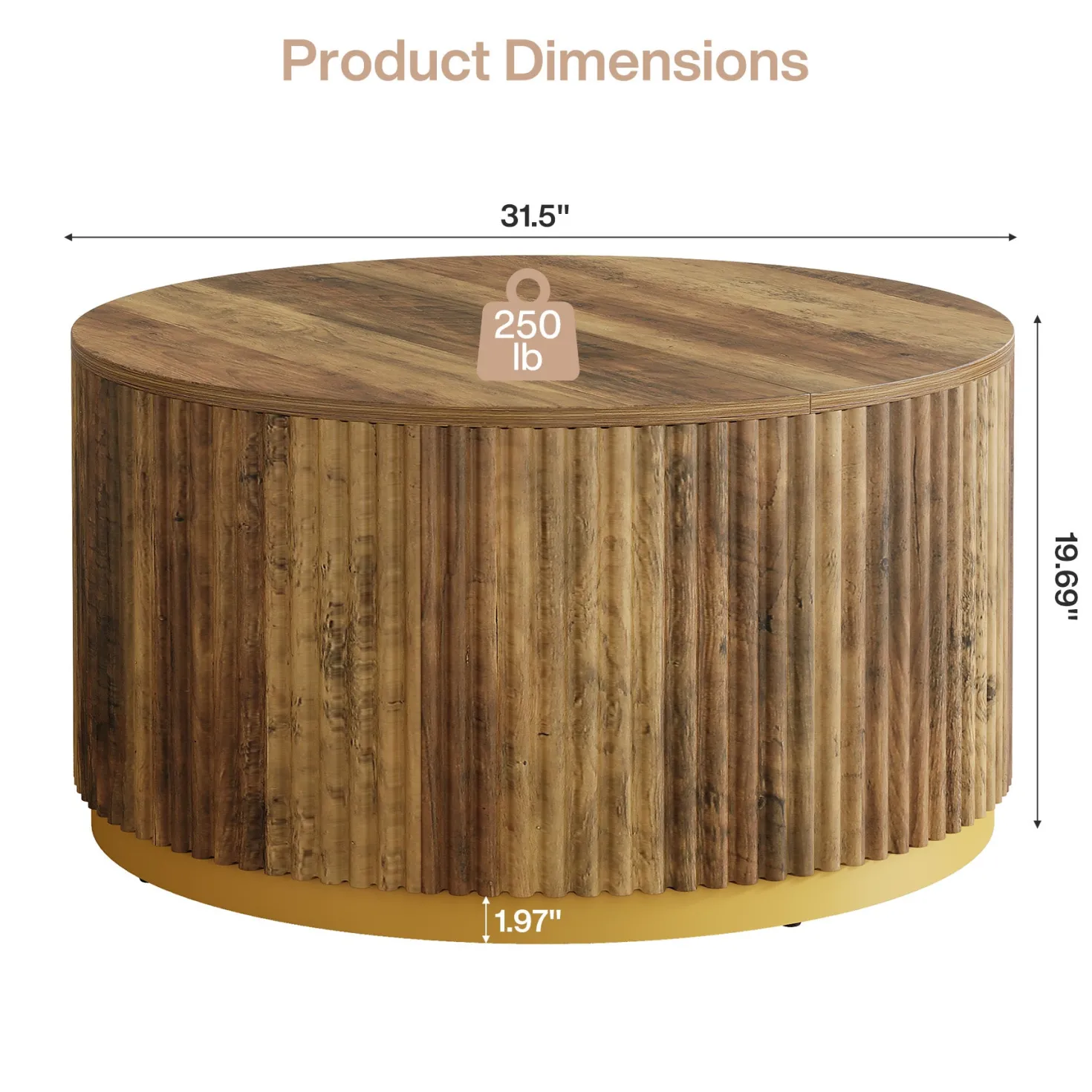31.5" Round Coffee Table, Fluted Wooden Center Table with Sturdy Drum Base
