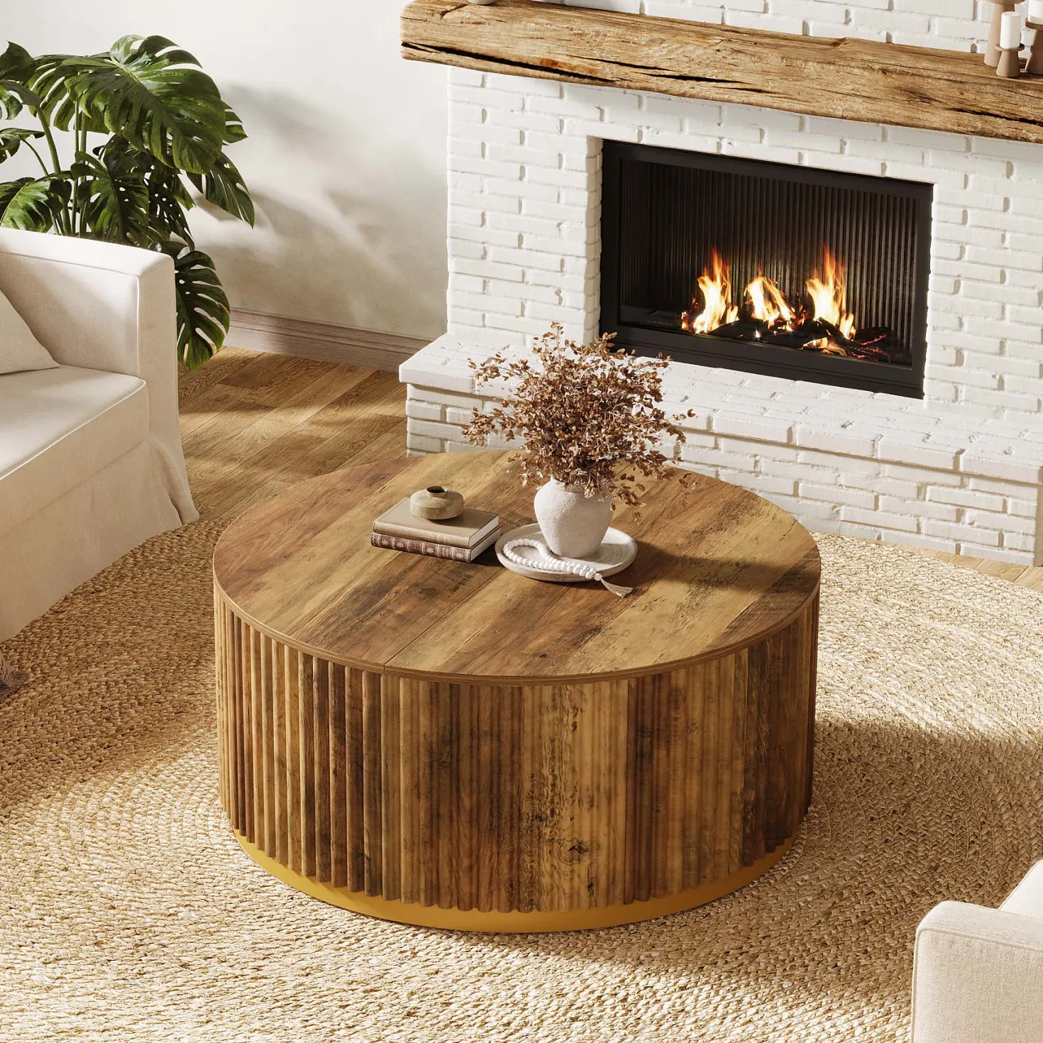 31.5" Round Coffee Table, Fluted Wooden Center Table with Sturdy Drum Base