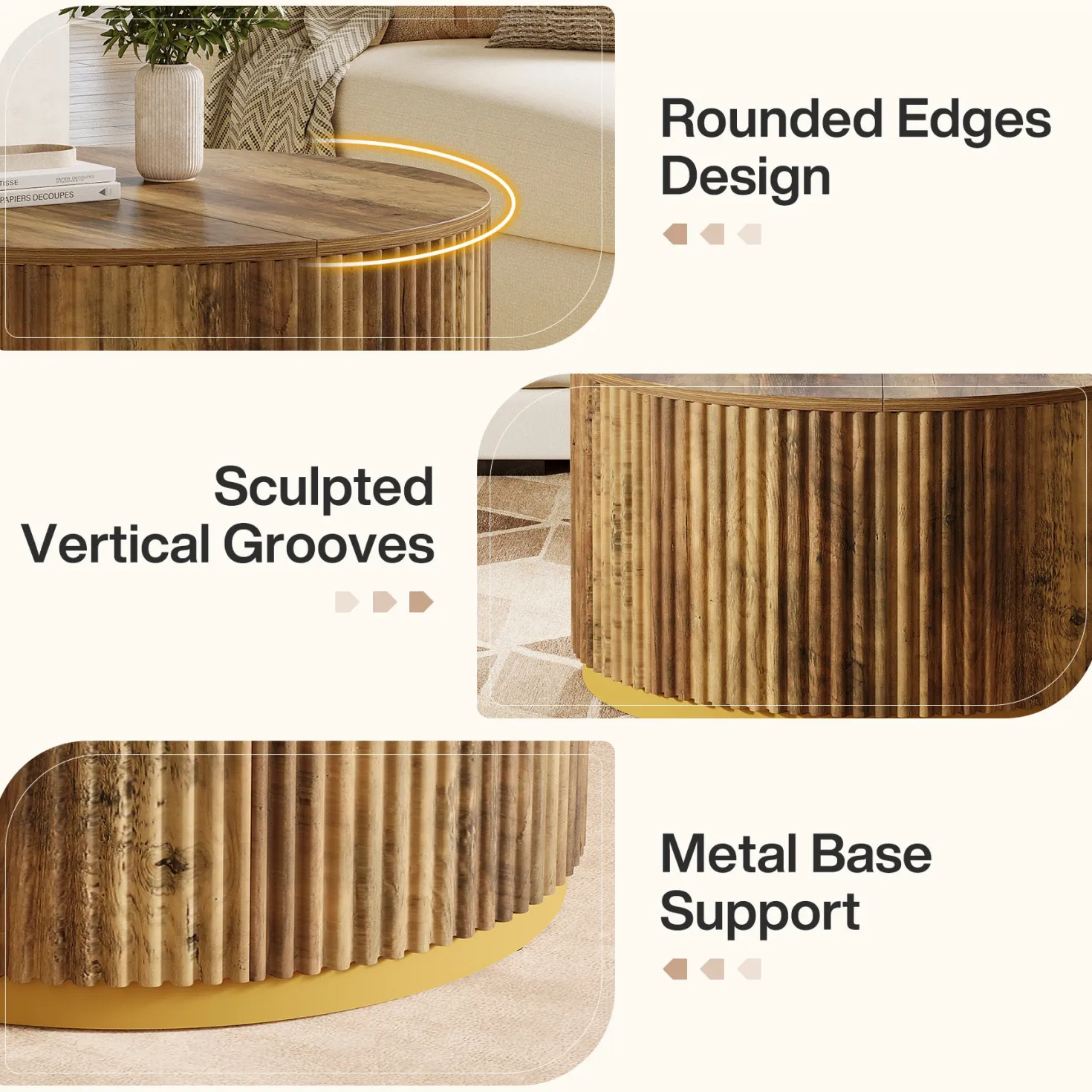 31.5" Round Coffee Table, Fluted Wooden Center Table with Sturdy Drum Base