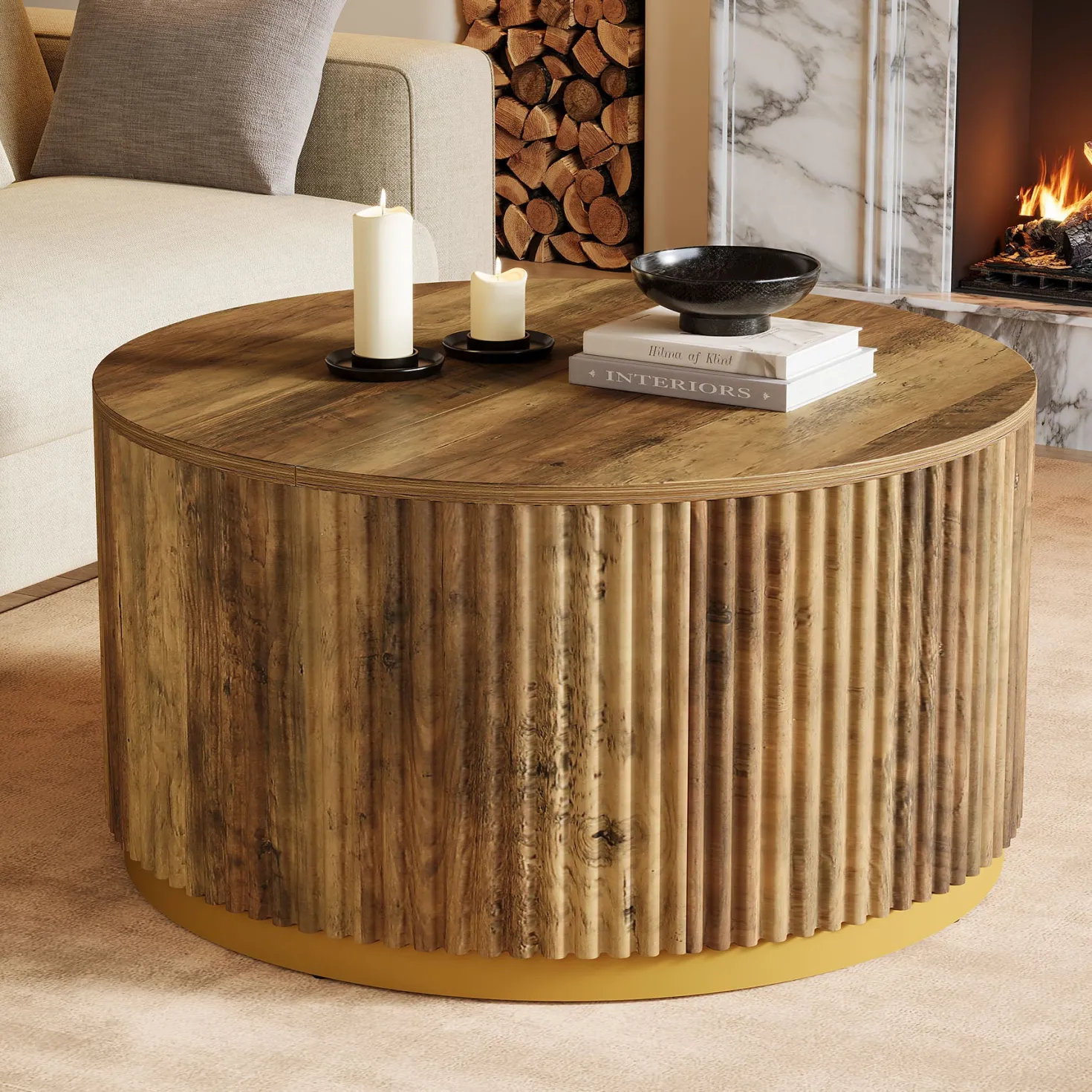31.5" Round Coffee Table, Fluted Wooden Center Table with Sturdy Drum Base