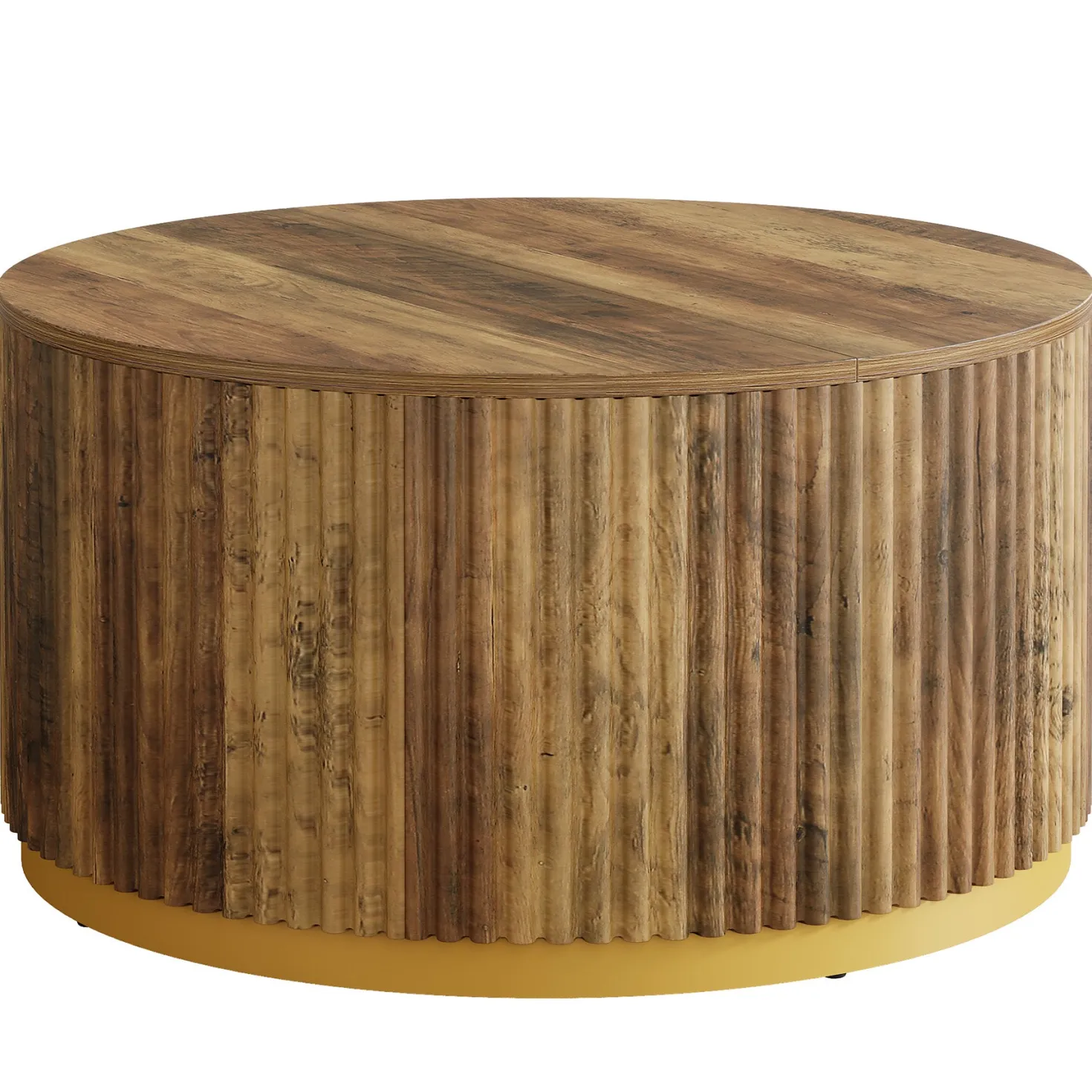 31.5" Round Coffee Table, Fluted Wooden Center Table with Sturdy Drum Base