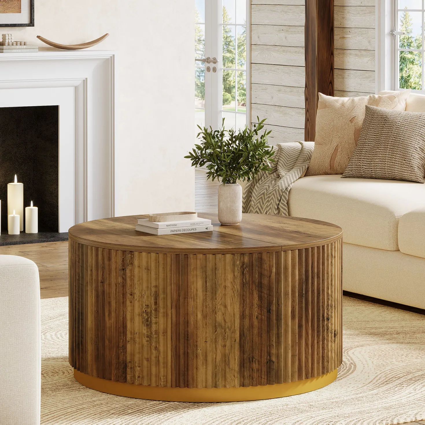 31.5" Round Coffee Table, Fluted Wooden Center Table with Sturdy Drum Base