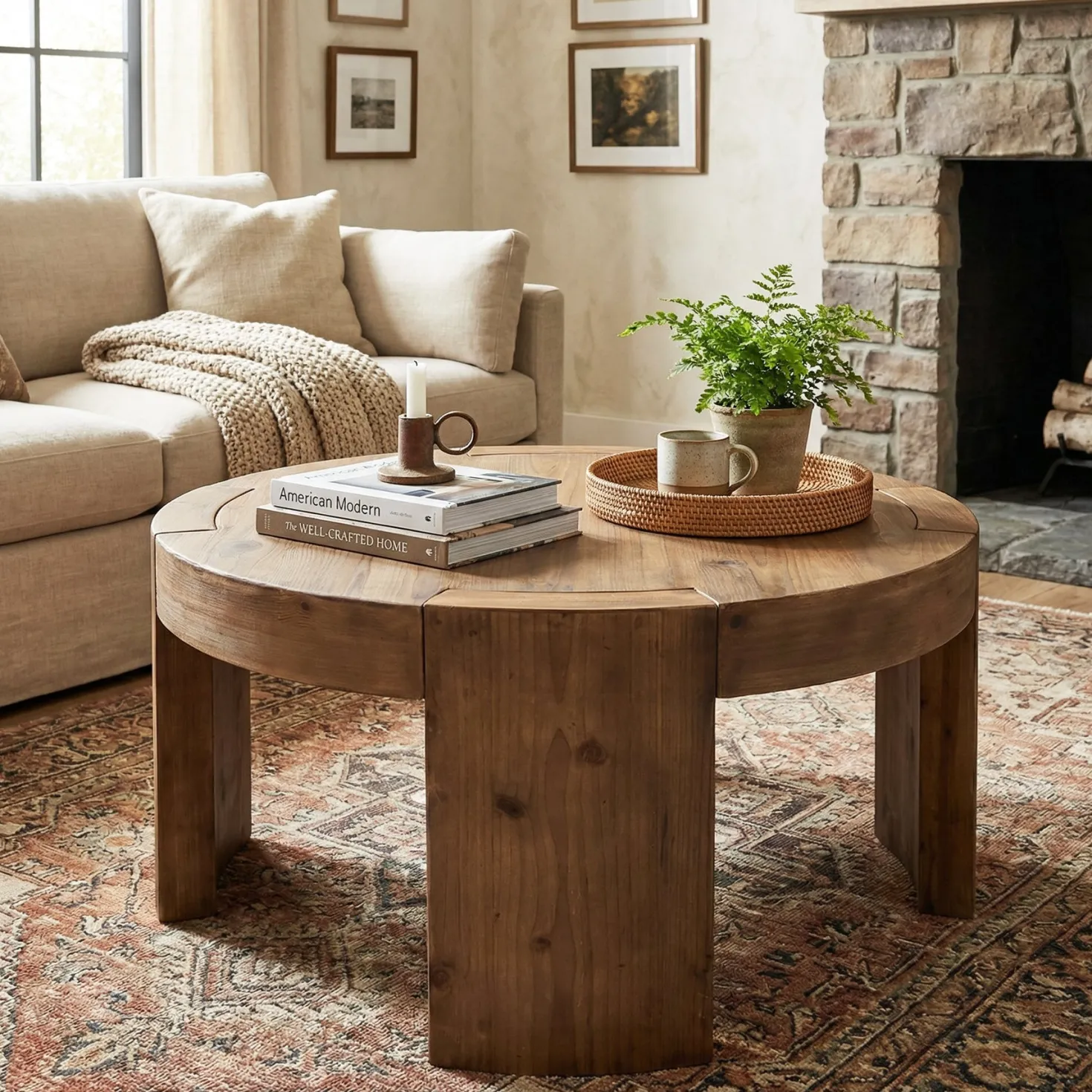 31.5" Round Coffee Table, Solid Wood Farmhouse Center Cocktail Tea Table for Living Room