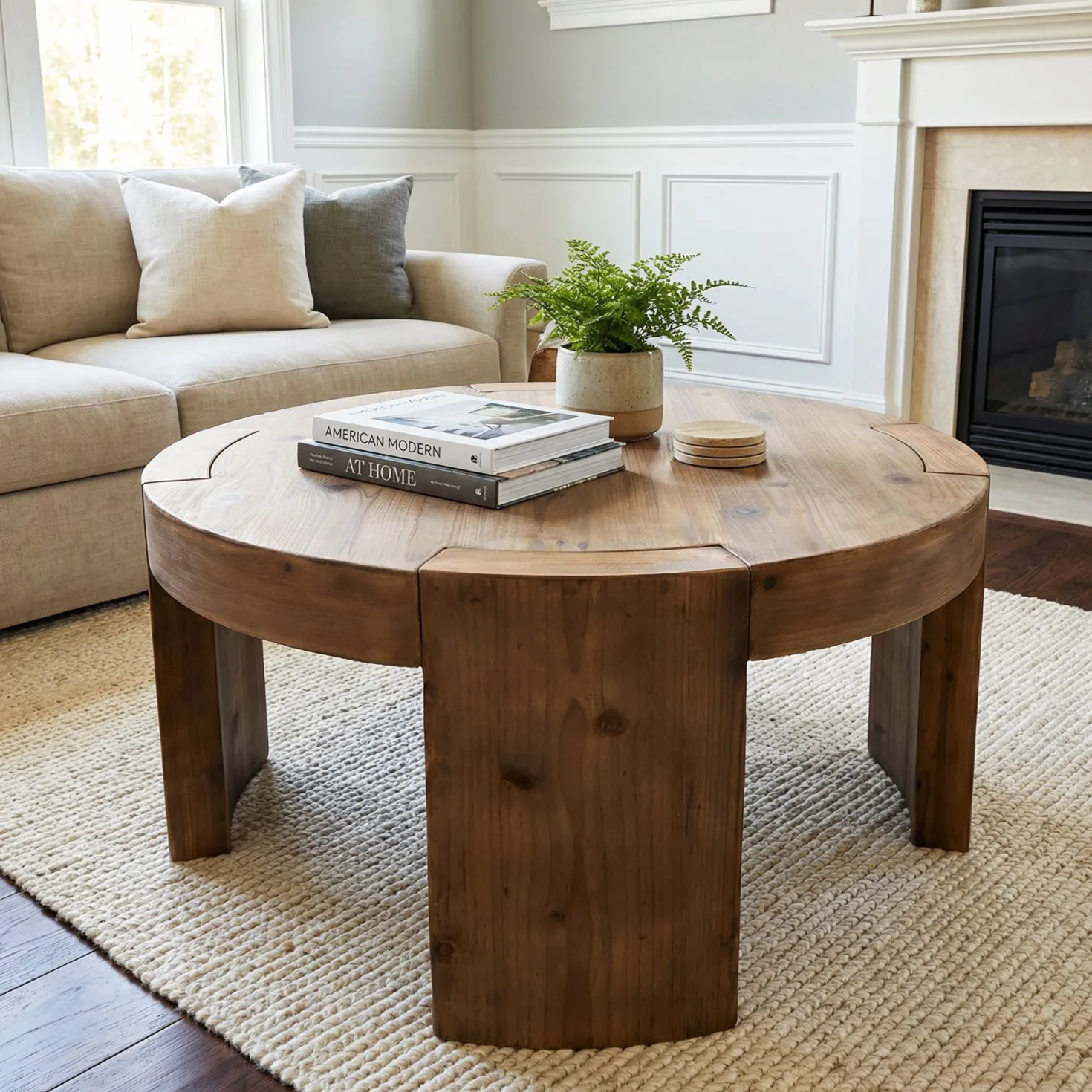 31.5" Round Coffee Table, Solid Wood Farmhouse Center Cocktail Tea Table for Living Room