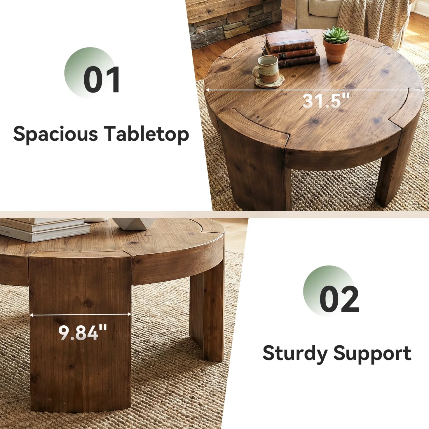 31.5" Round Coffee Table, Solid Wood Farmhouse Center Cocktail Tea Table for Living Room