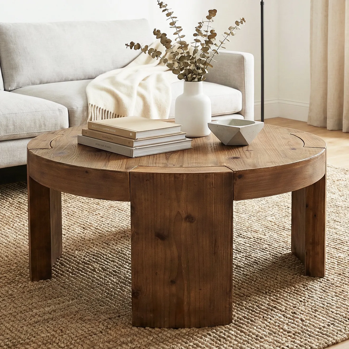 31.5" Round Coffee Table, Solid Wood Farmhouse Center Cocktail Tea Table for Living Room