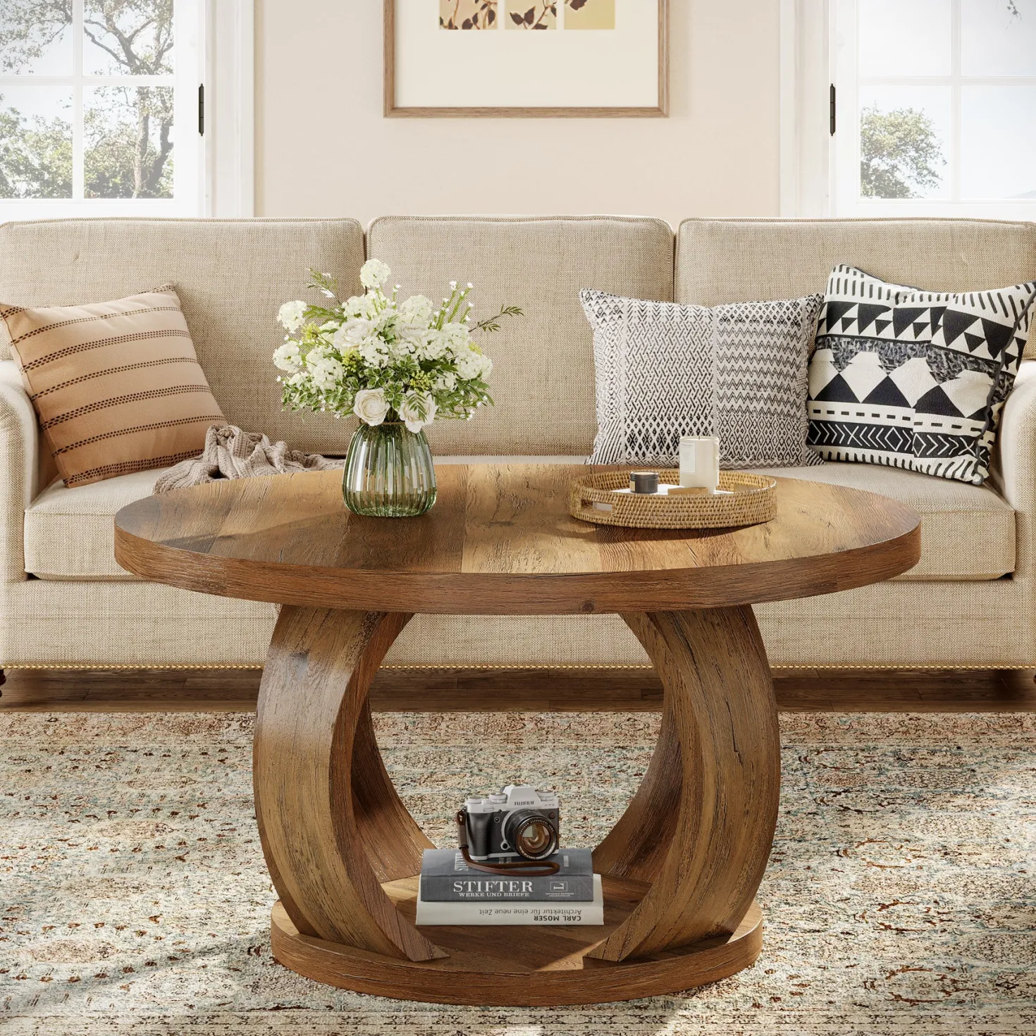 31.5" Round Coffee Table, 2-Tier Wooden Center Table with Storage