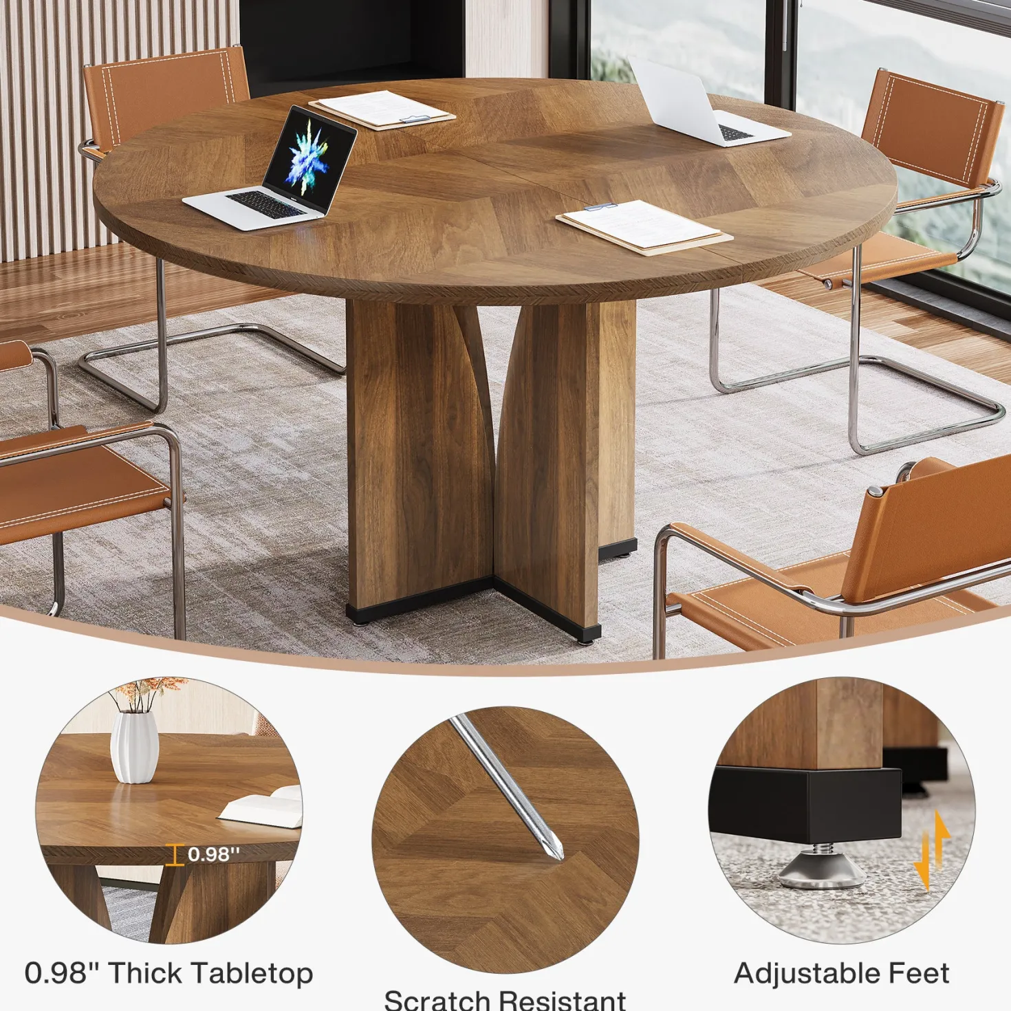 39" Round Conference Table for 4, Modern Meeting Table with Sturdy Base