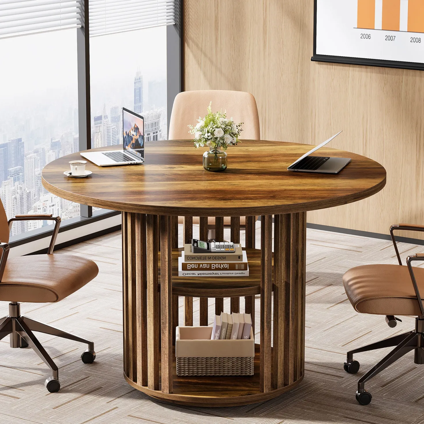 47" Round Conference Table, Wooden Small Meeting Room Table for 4
