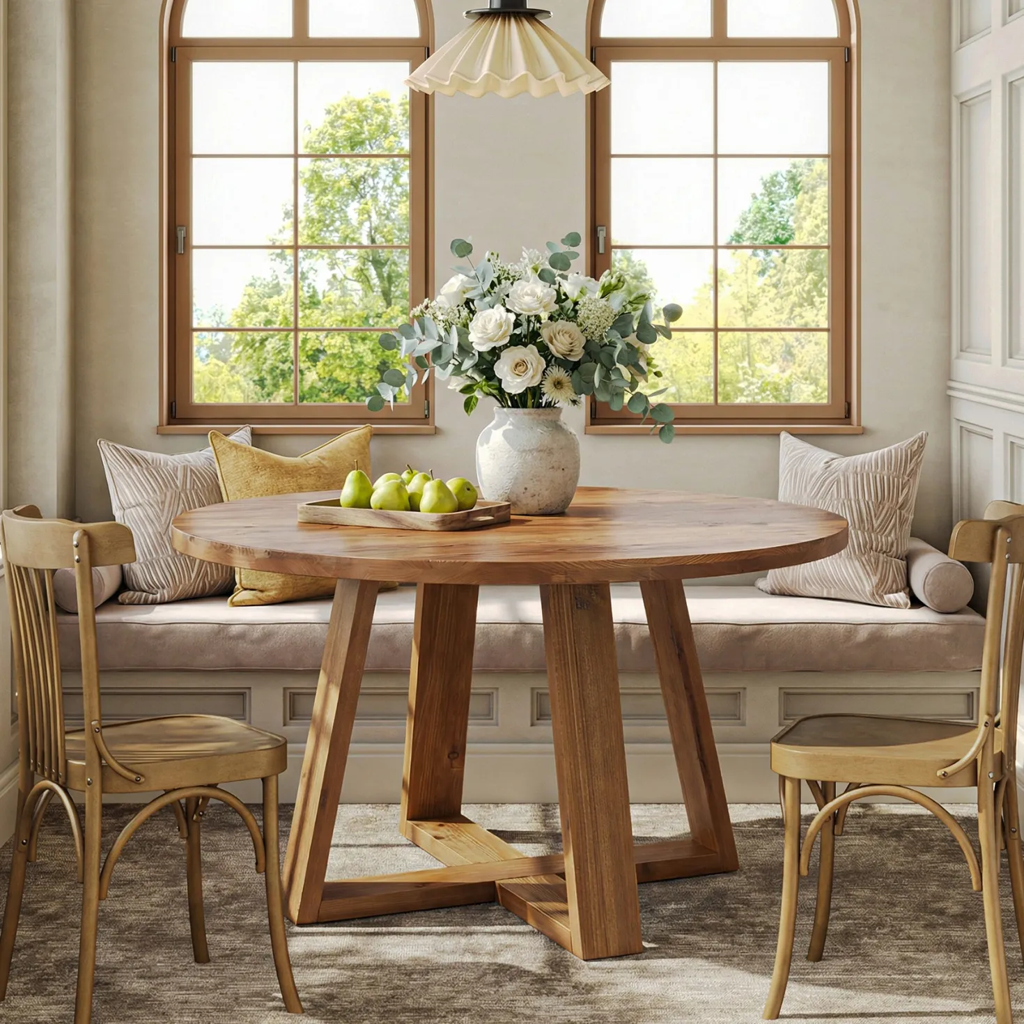 47.2" Round Dining Table, Farmhouse Solid Wood Kitchen Table with Trestle Base for 4
