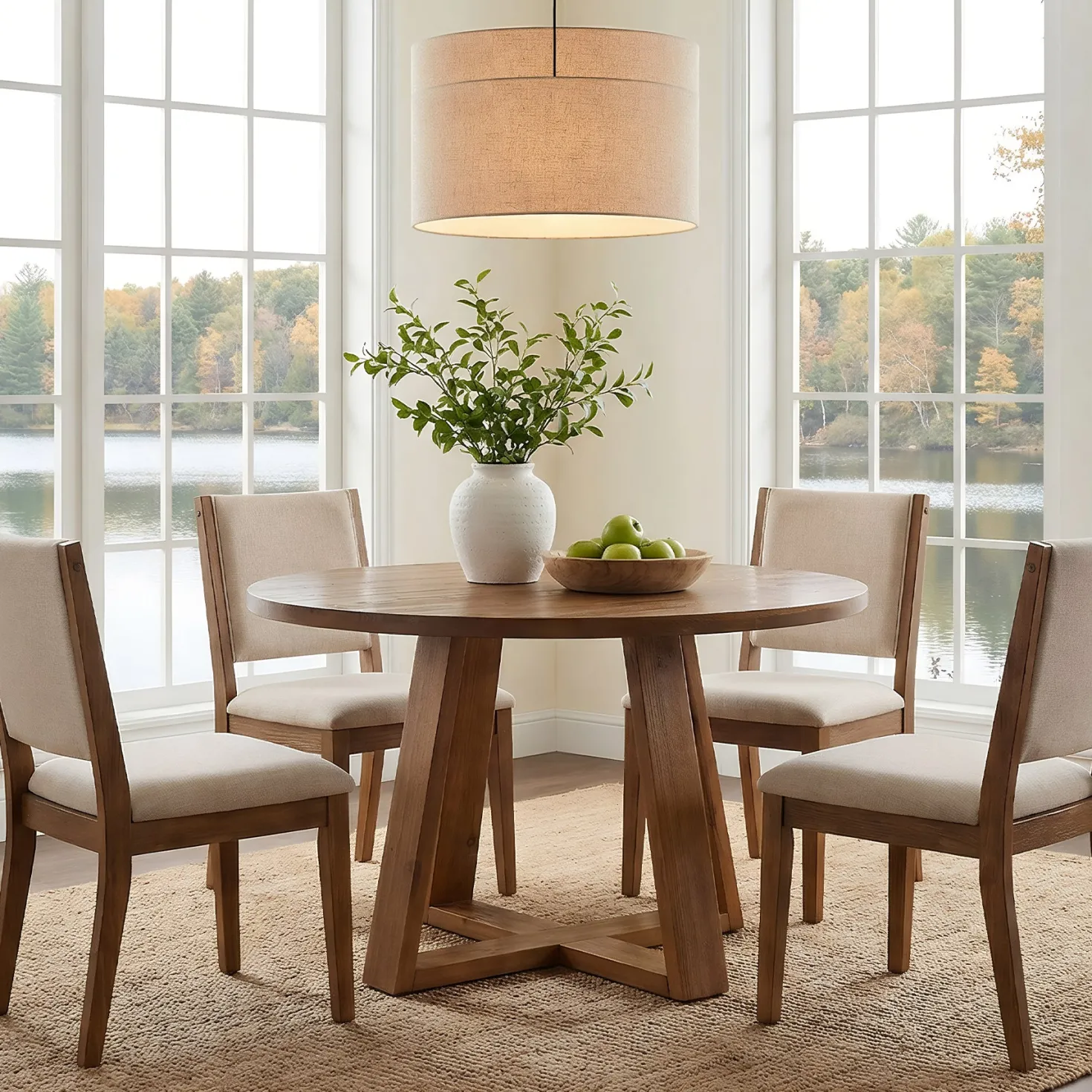 47.2" Round Dining Table, Farmhouse Solid Wood Kitchen Table with Trestle Base for 4