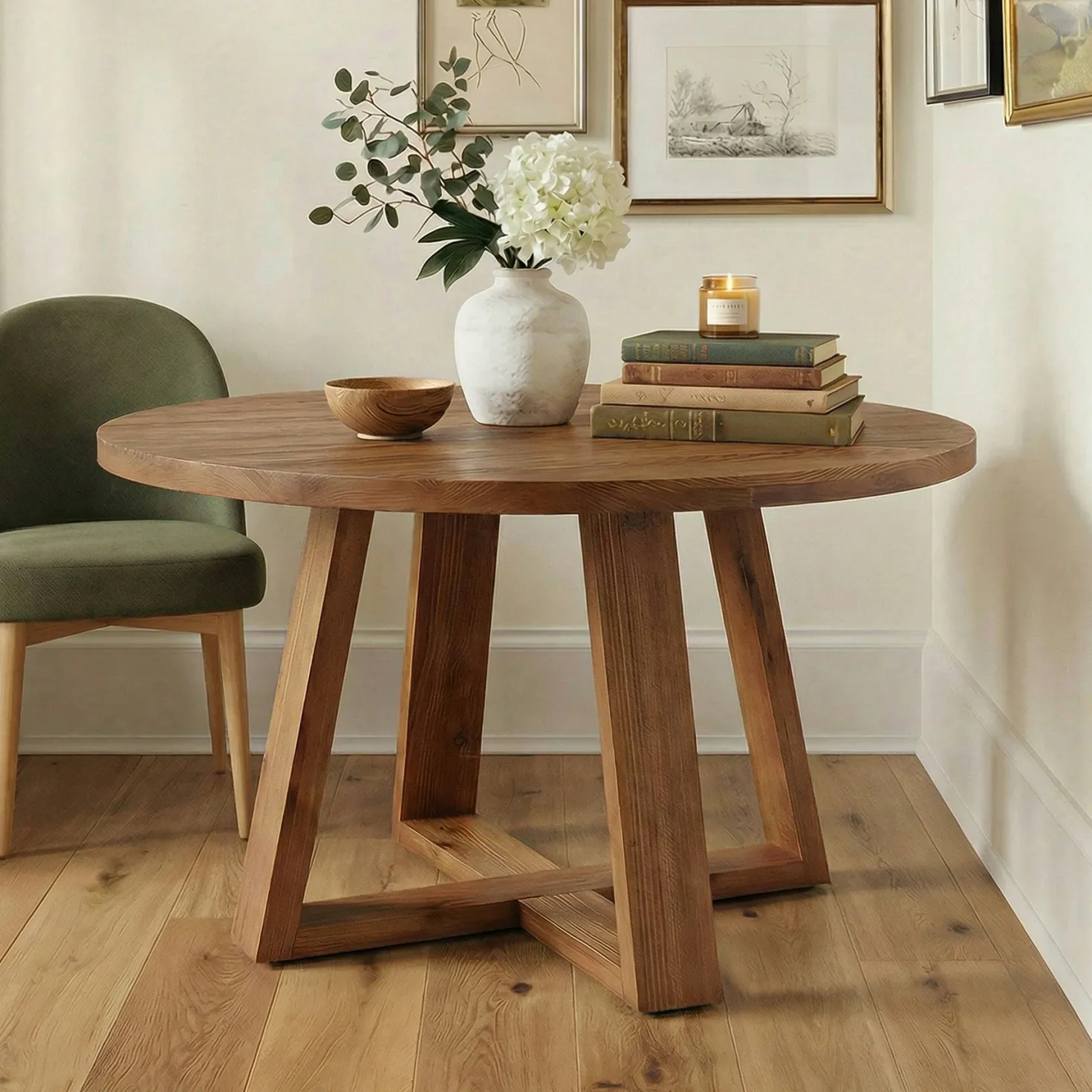 47.2" Round Dining Table, Farmhouse Solid Wood Kitchen Table with Trestle Base for 4