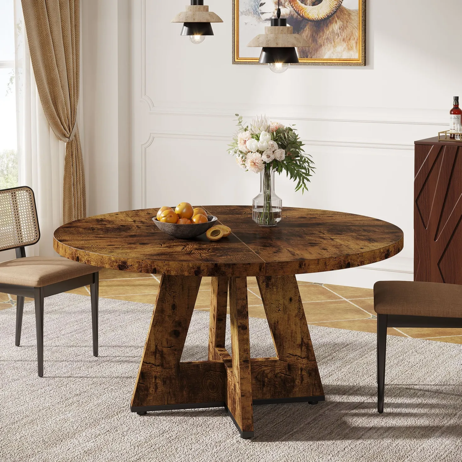 47" Round Dining Table for 4-6, Farmhouse Kitchen Table Table for Dining Room