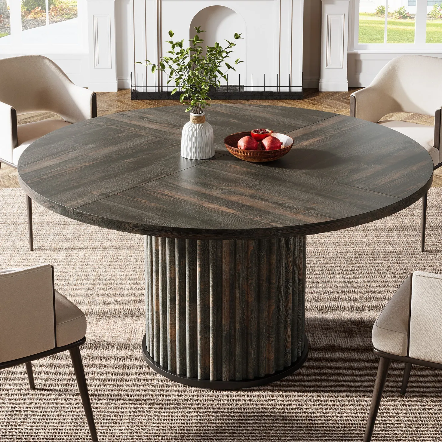 47" Round Dining Table, Wood Kitchen Table With Sturdy Fluted Metal Base