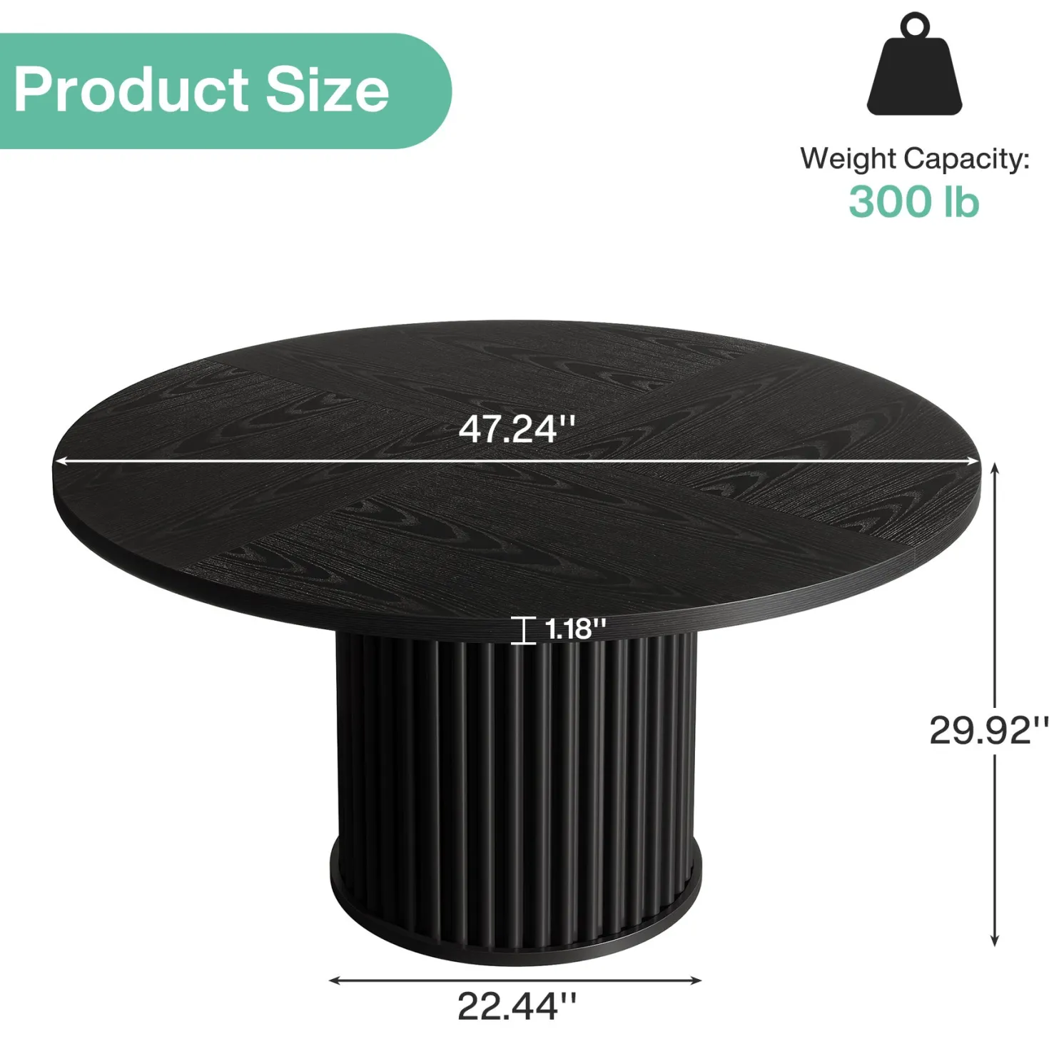 47" Round Dining Table, Wood Kitchen Table With Sturdy Fluted Metal Base