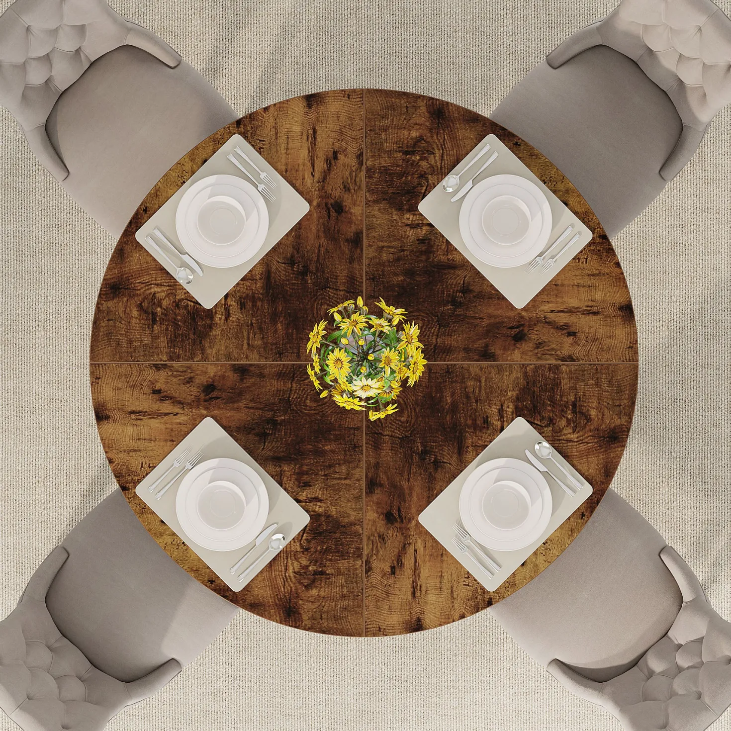47" Round Farmhouse Dining Table for 4 People, Rustic Dining Room Table