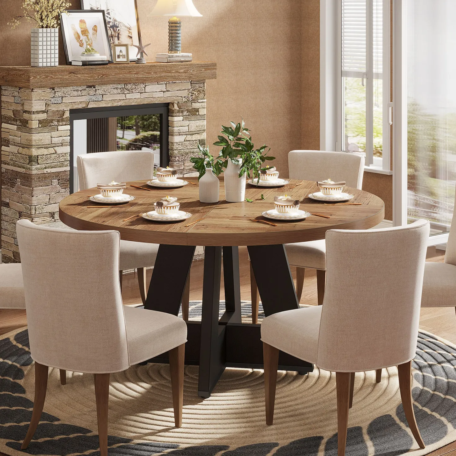 47" Round Farmhouse Dining Table for 4 People, Rustic Dining Room Table