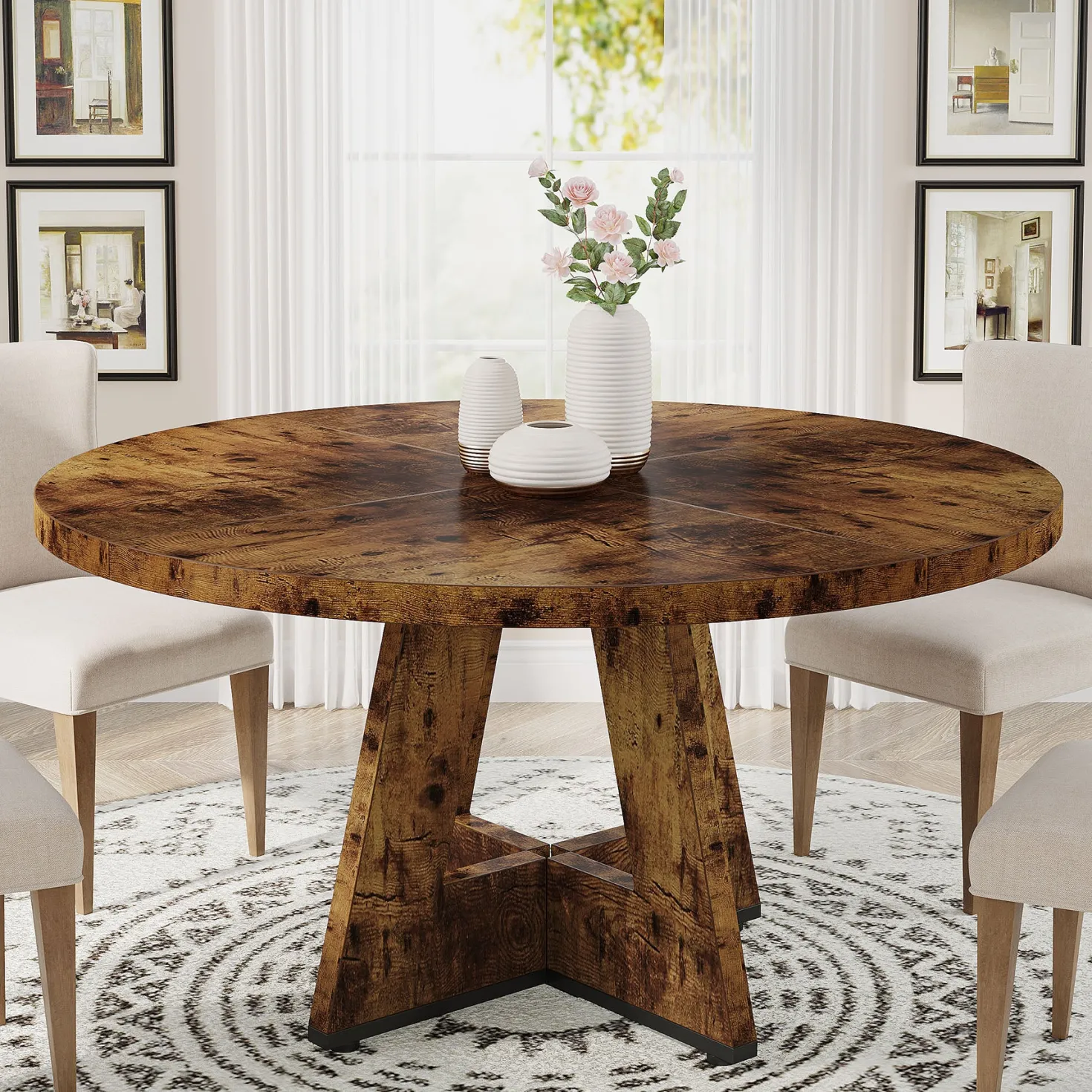 47" Round Farmhouse Dining Table for 4 People, Rustic Dining Room Table