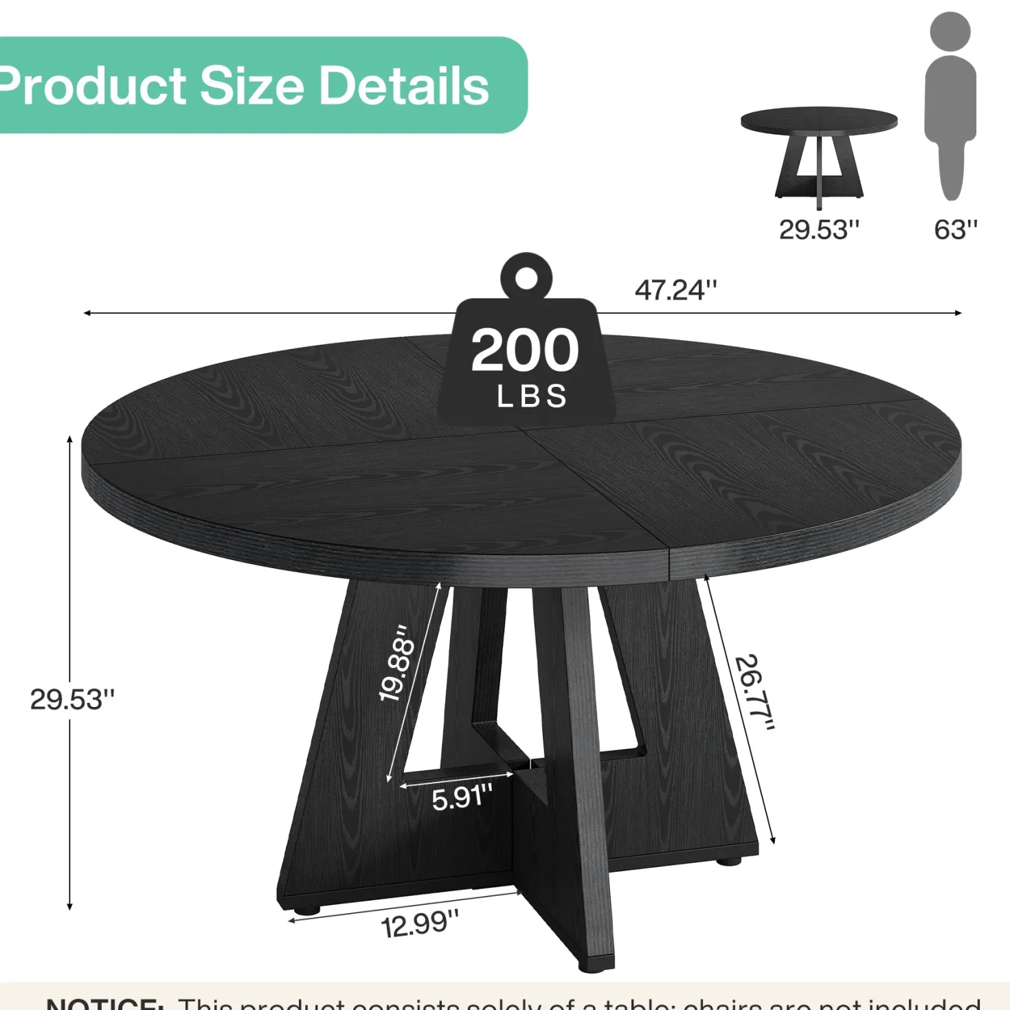 47" Round Farmhouse Dining Table for 4 People, Rustic Dining Room Table