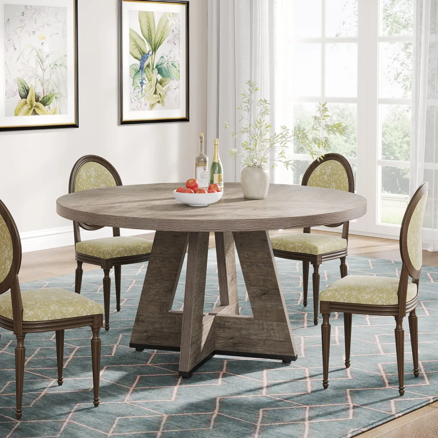 47" Round Farmhouse Dining Table for 4 People, Rustic Dining Room Table