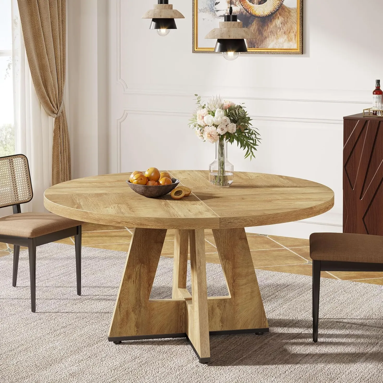 47" Round Farmhouse Dining Table for 4 People, Rustic Dining Room Table