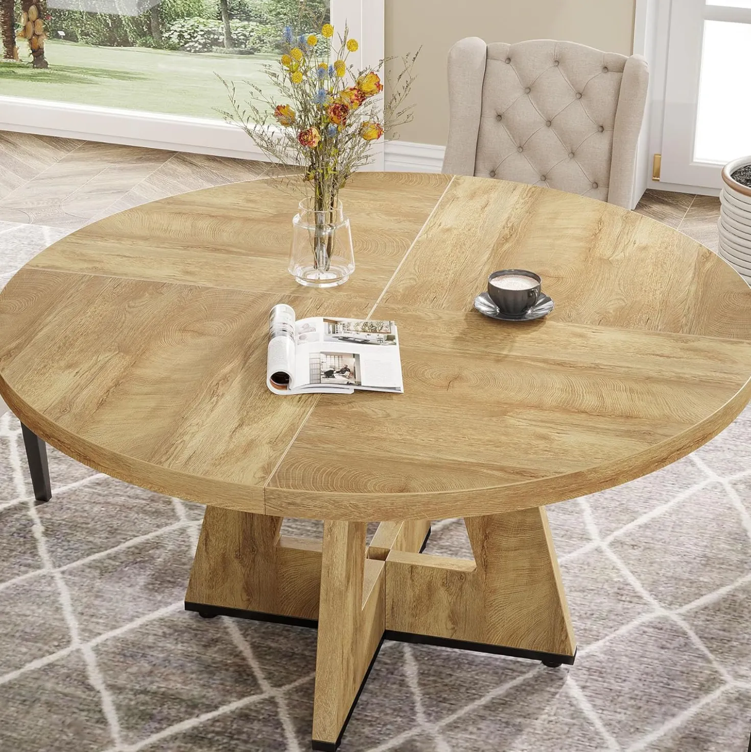 47" Round Farmhouse Dining Table for 4 People, Rustic Dining Room Table