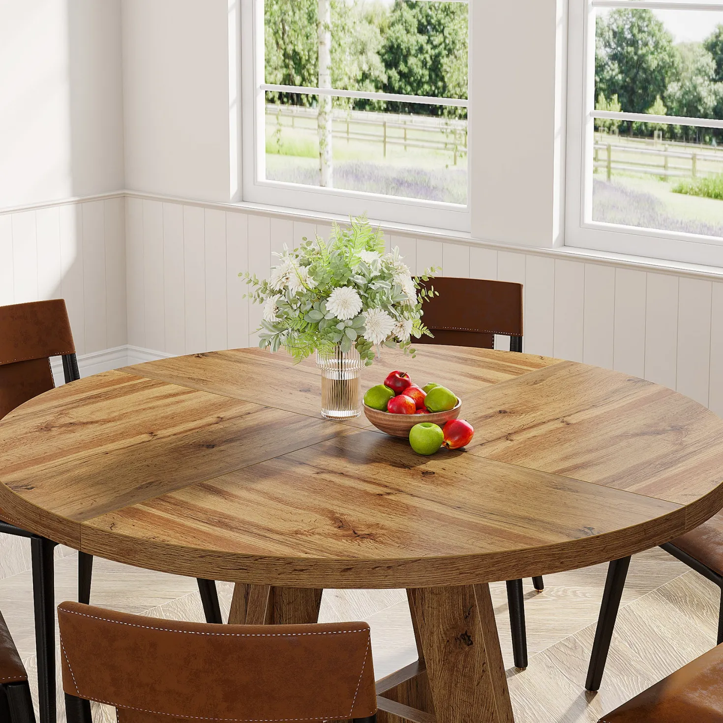 47" Round Farmhouse Dining Table for 4 People, Rustic Dining Room Table