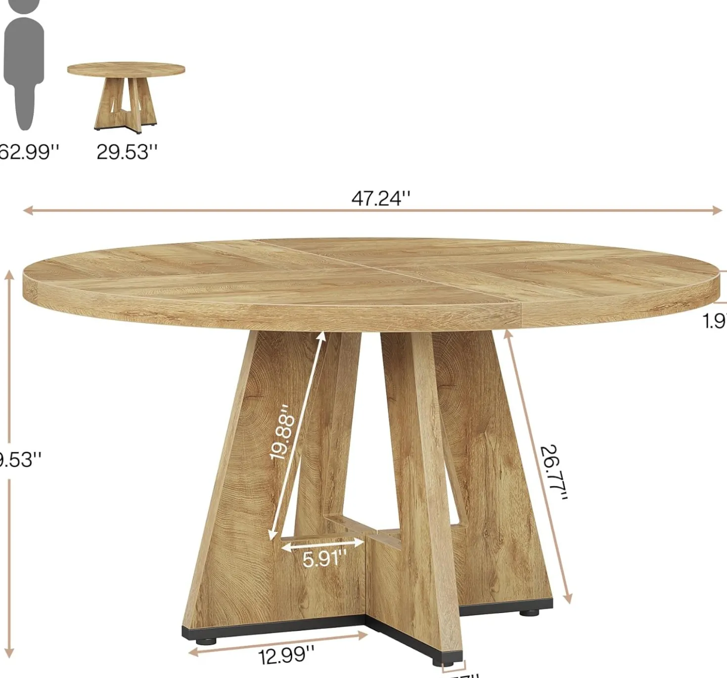 47" Round Farmhouse Dining Table for 4 People, Rustic Dining Room Table