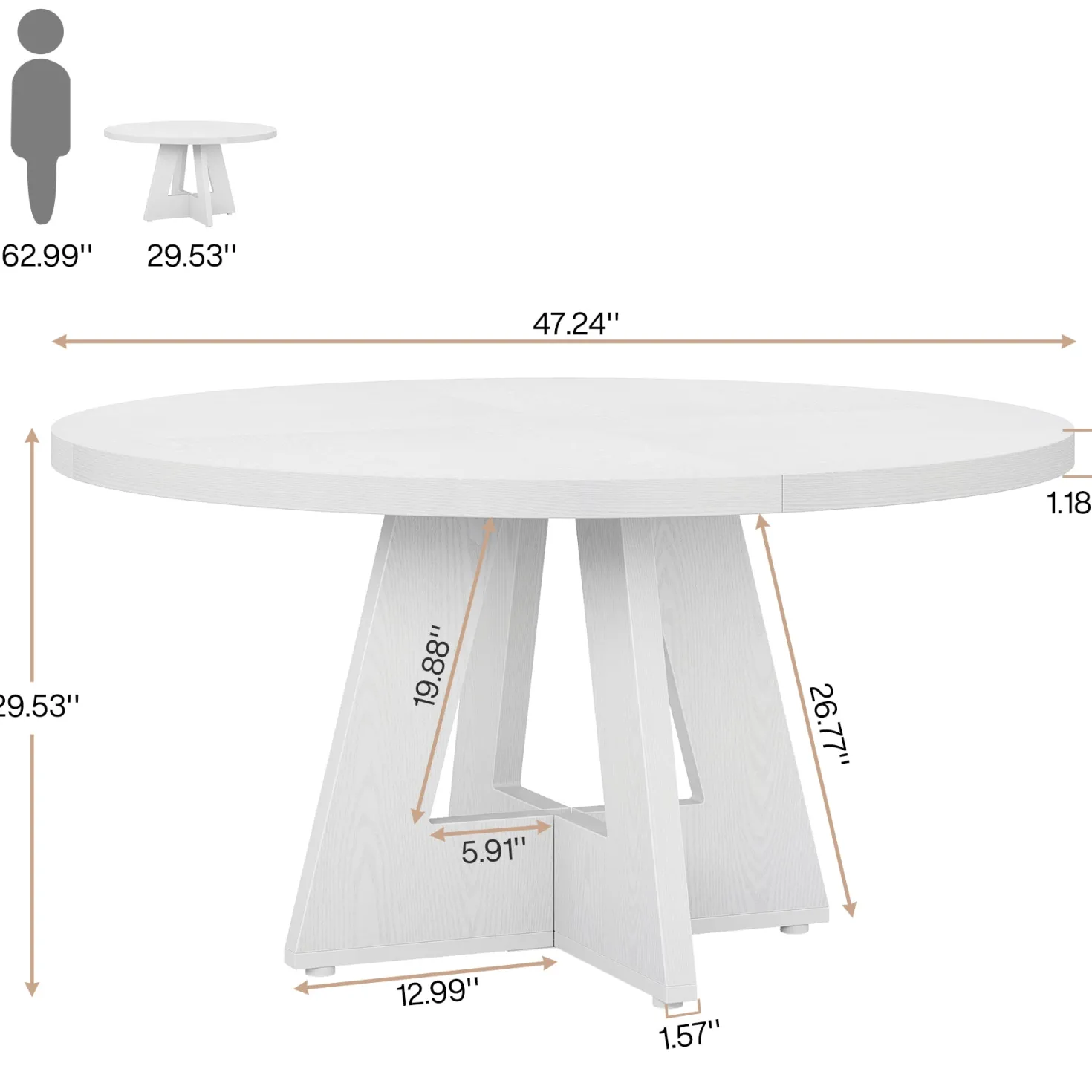 47" Round Farmhouse Dining Table for 4 People, Rustic Dining Room Table