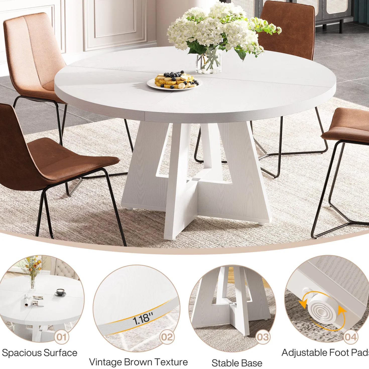 47" Round Farmhouse Dining Table for 4 People, Rustic Dining Room Table