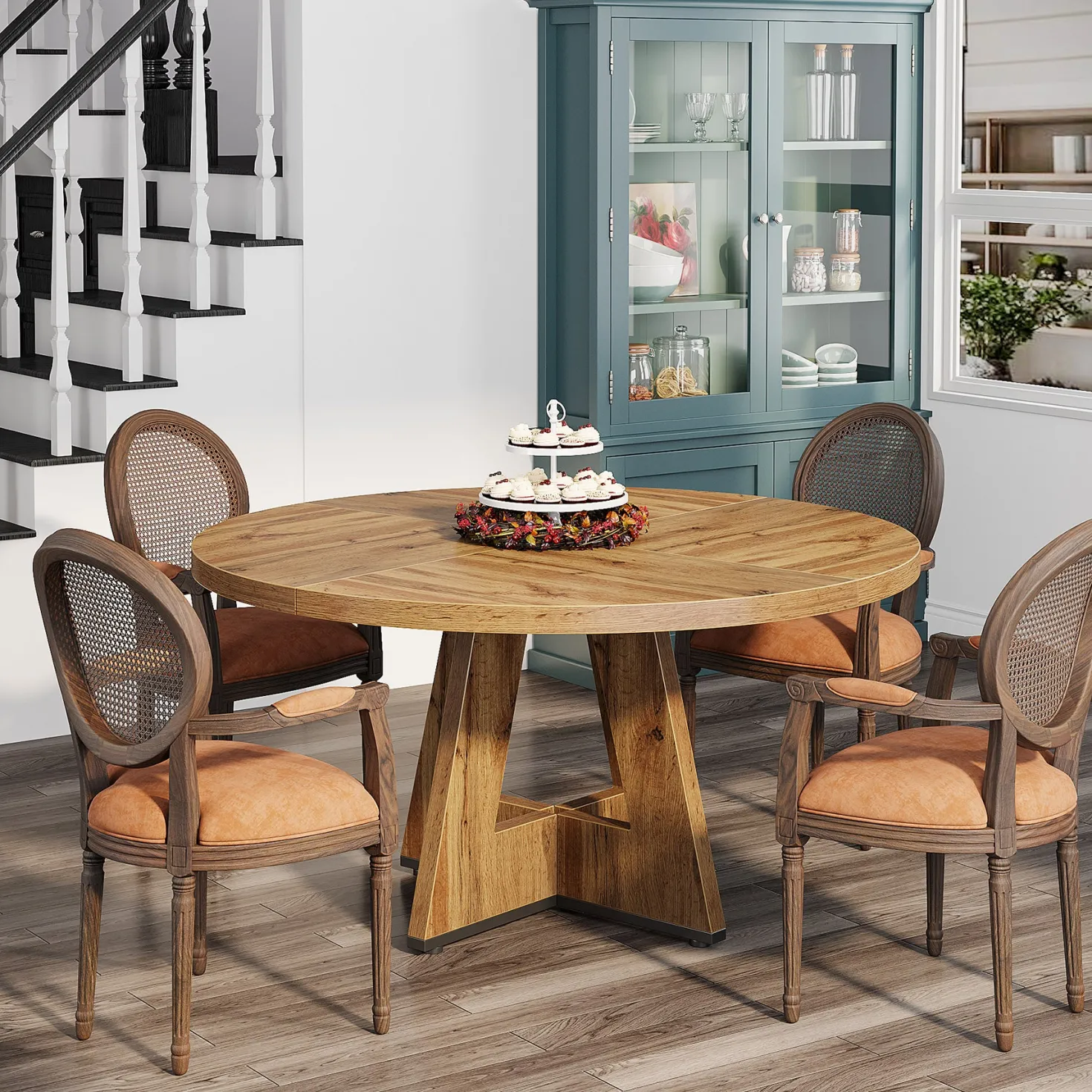 47" Round Farmhouse Dining Table for 4 People, Rustic Dining Room Table