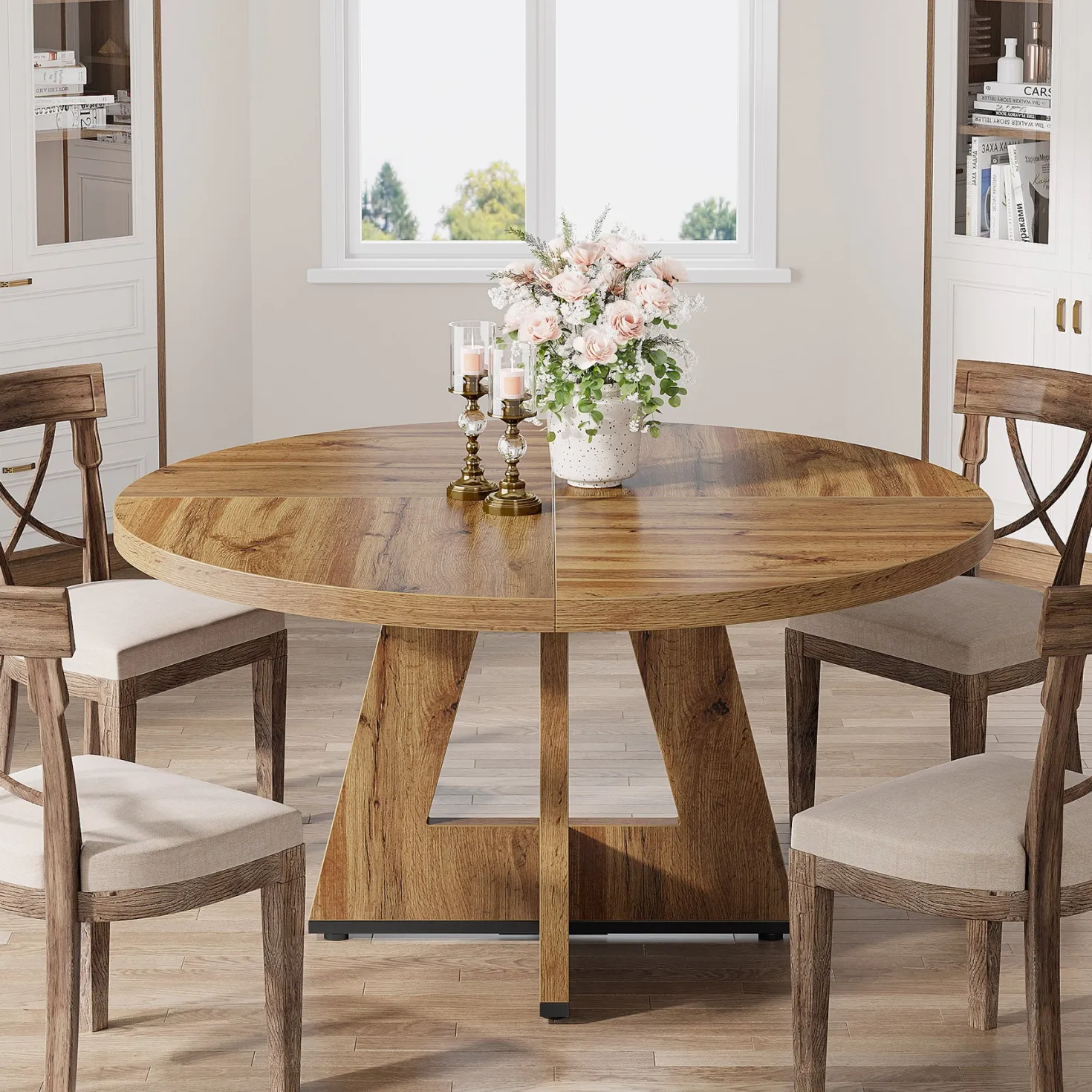 47" Round Farmhouse Dining Table for 4 People, Rustic Dining Room Table